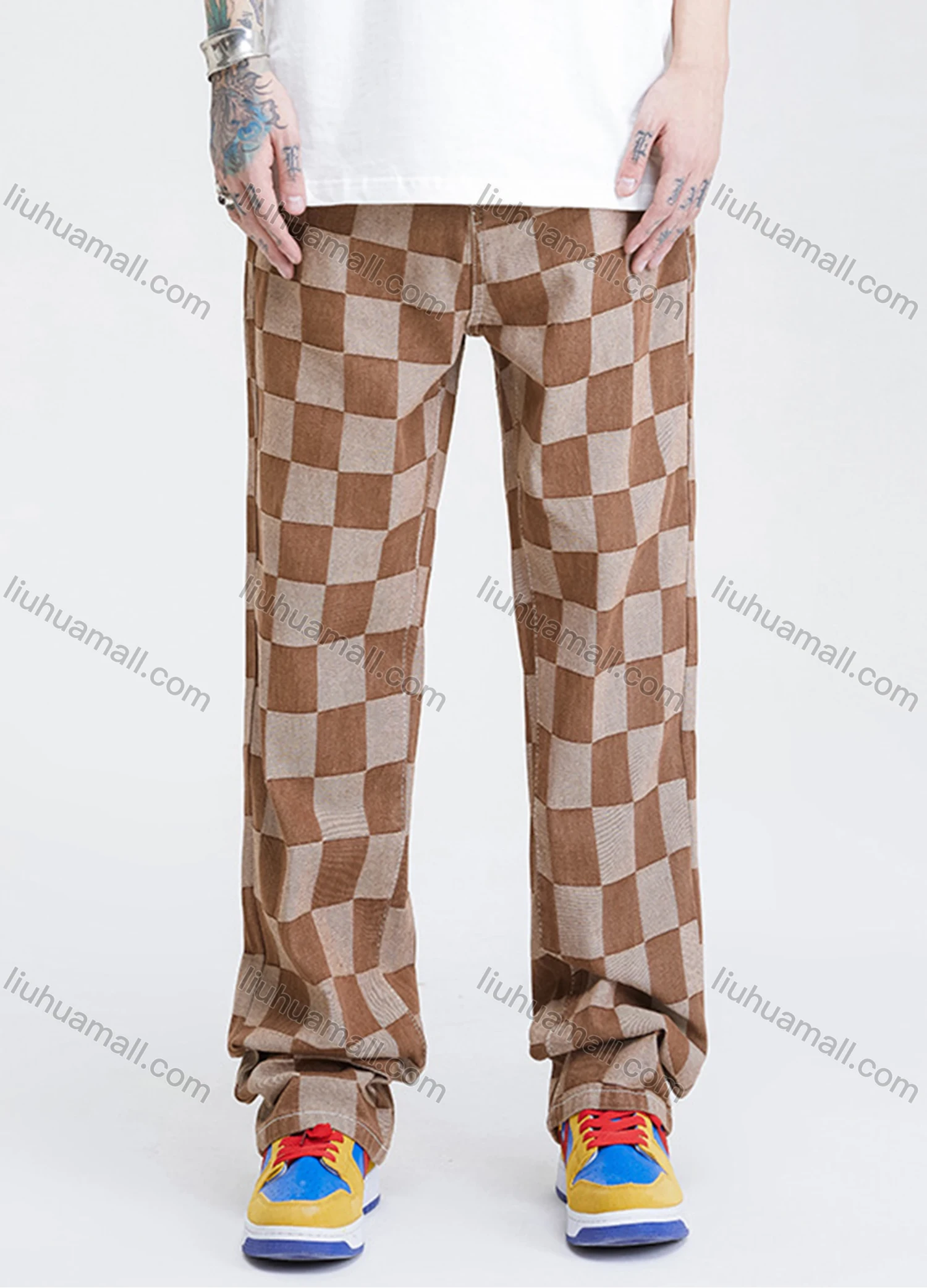 Wholesale Men's Casual Checkerboard Print Straight Leg Long Pants - Liuhuamall