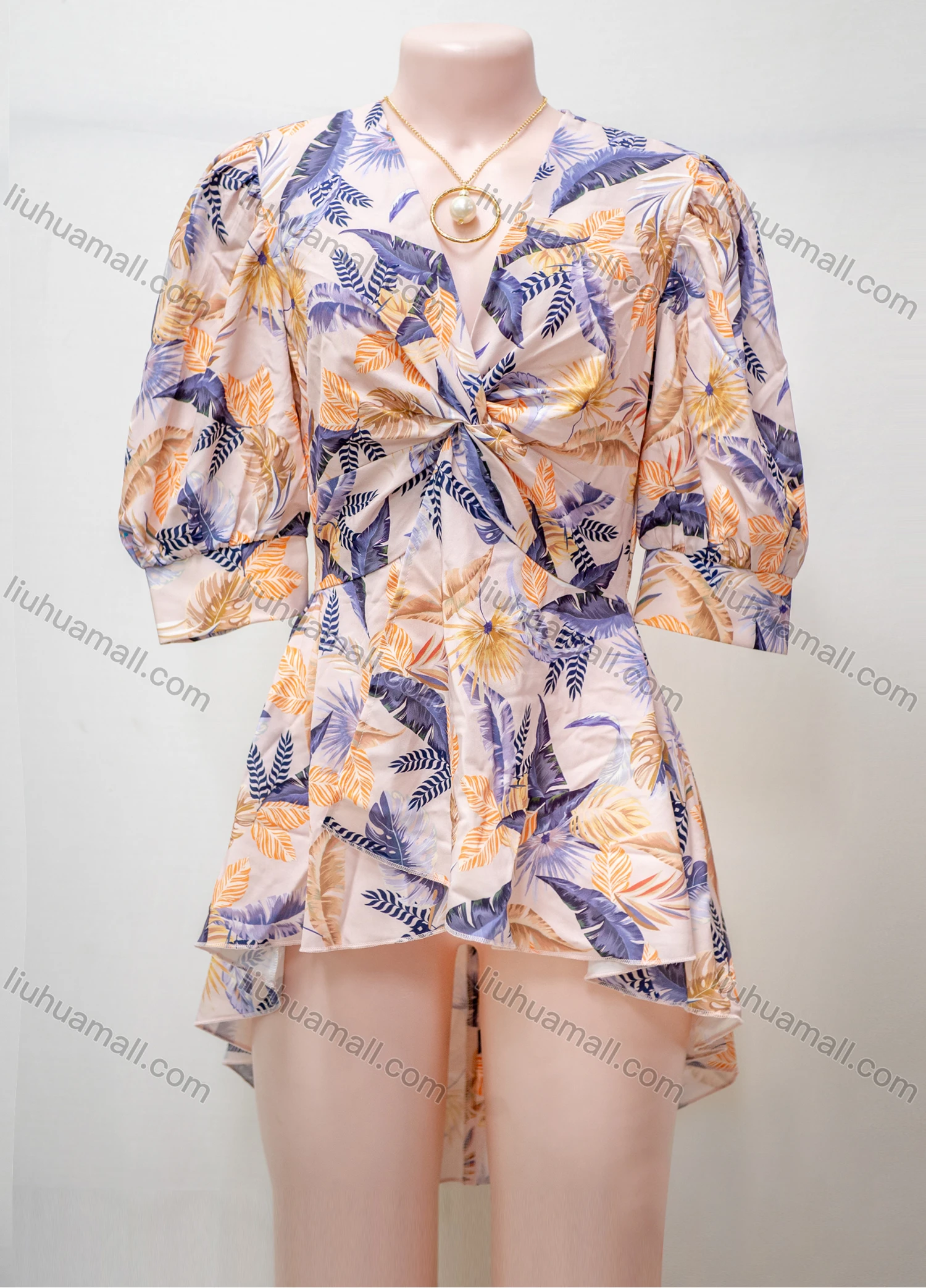 Wholesale Women's Casual Allover Print Half Sleeve Ruffle High Low Hem Short Dress - Liuhuamall