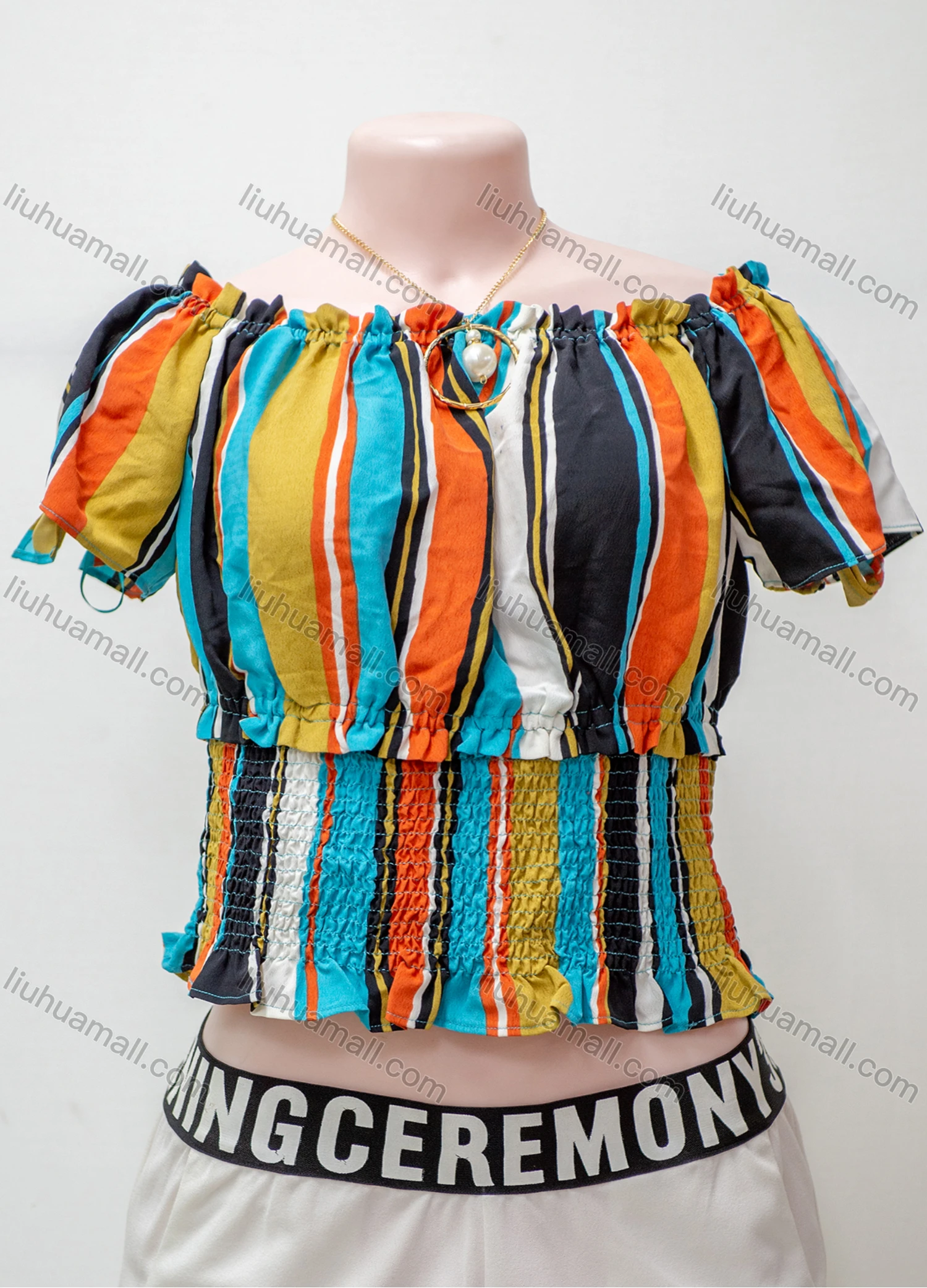 Wholesale Women's Casual Striped Colorblock Ruffle Trim Short Sleeve Shirred Layered Crop Blouse - Liuhuamall