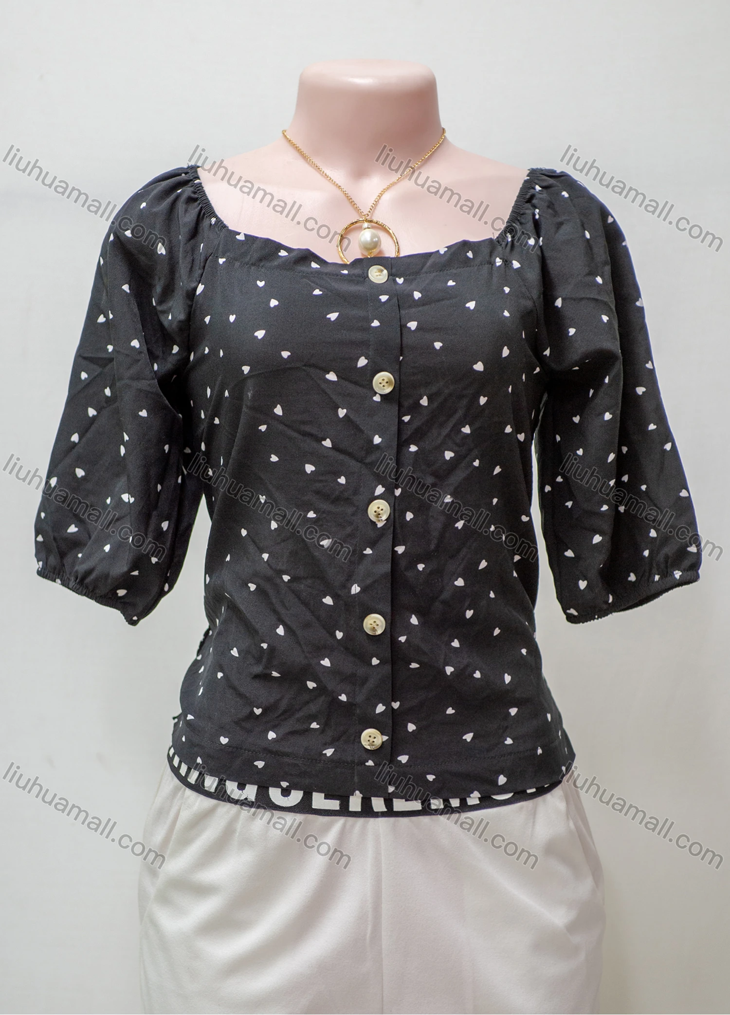 Wholesale Women's Casual Heart Print Button Down Half Sleeve Blouse - Liuhuamall
