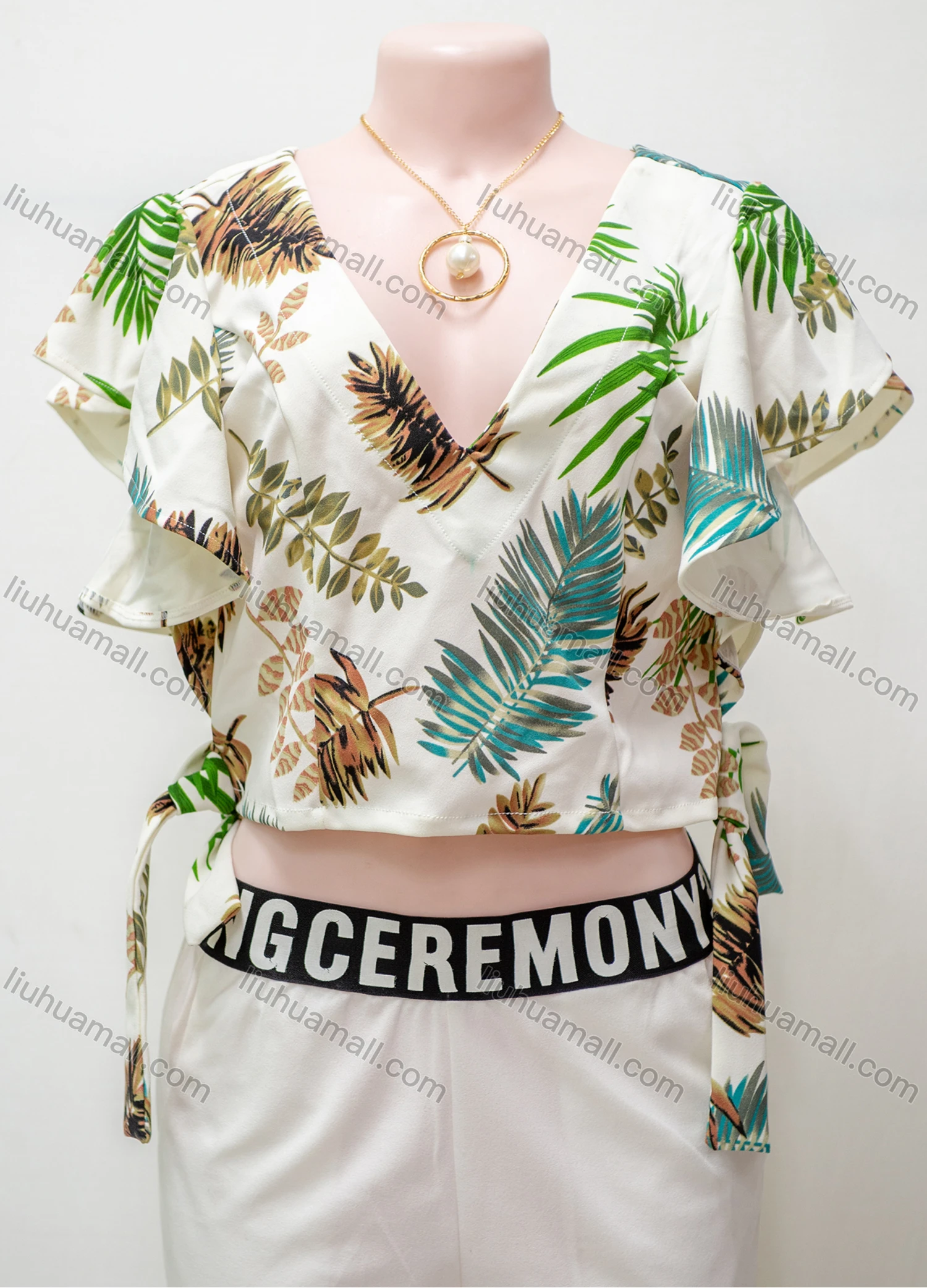 Wholesale Women's Casual Leaf Print V Neck Ruffle Trim Lace Up Crop Blouse - Liuhuamall