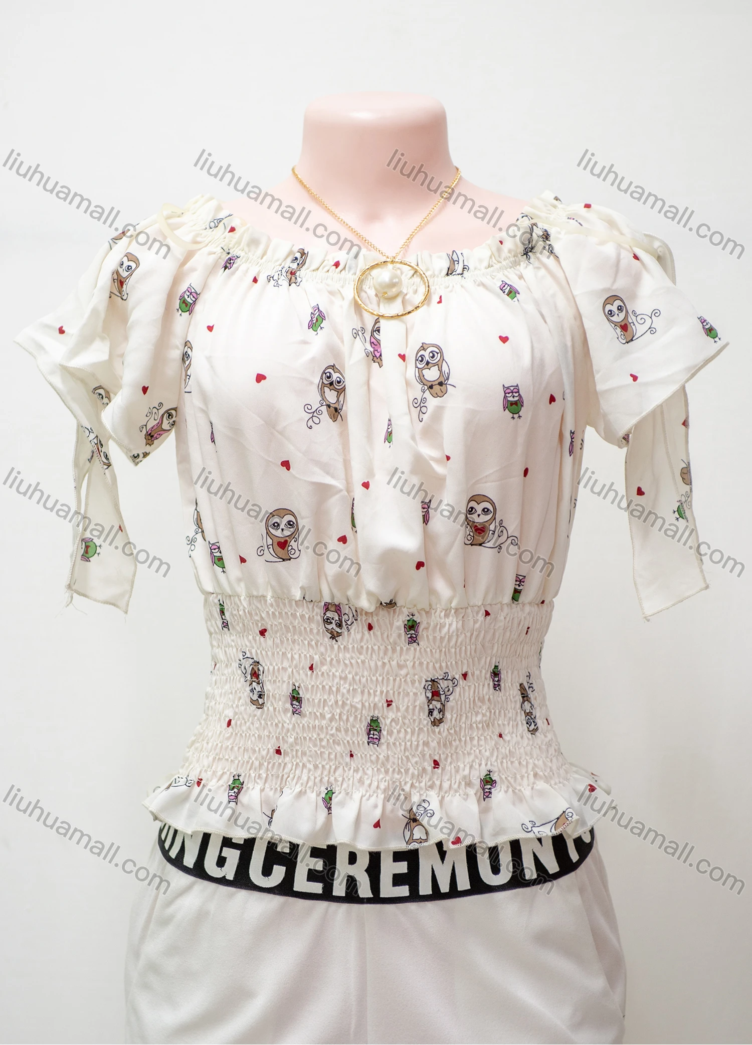 Wholesale Women's Casual Cartoon Print Ruffle Trim Short Sleeve Shirred Blouse - Liuhuamall