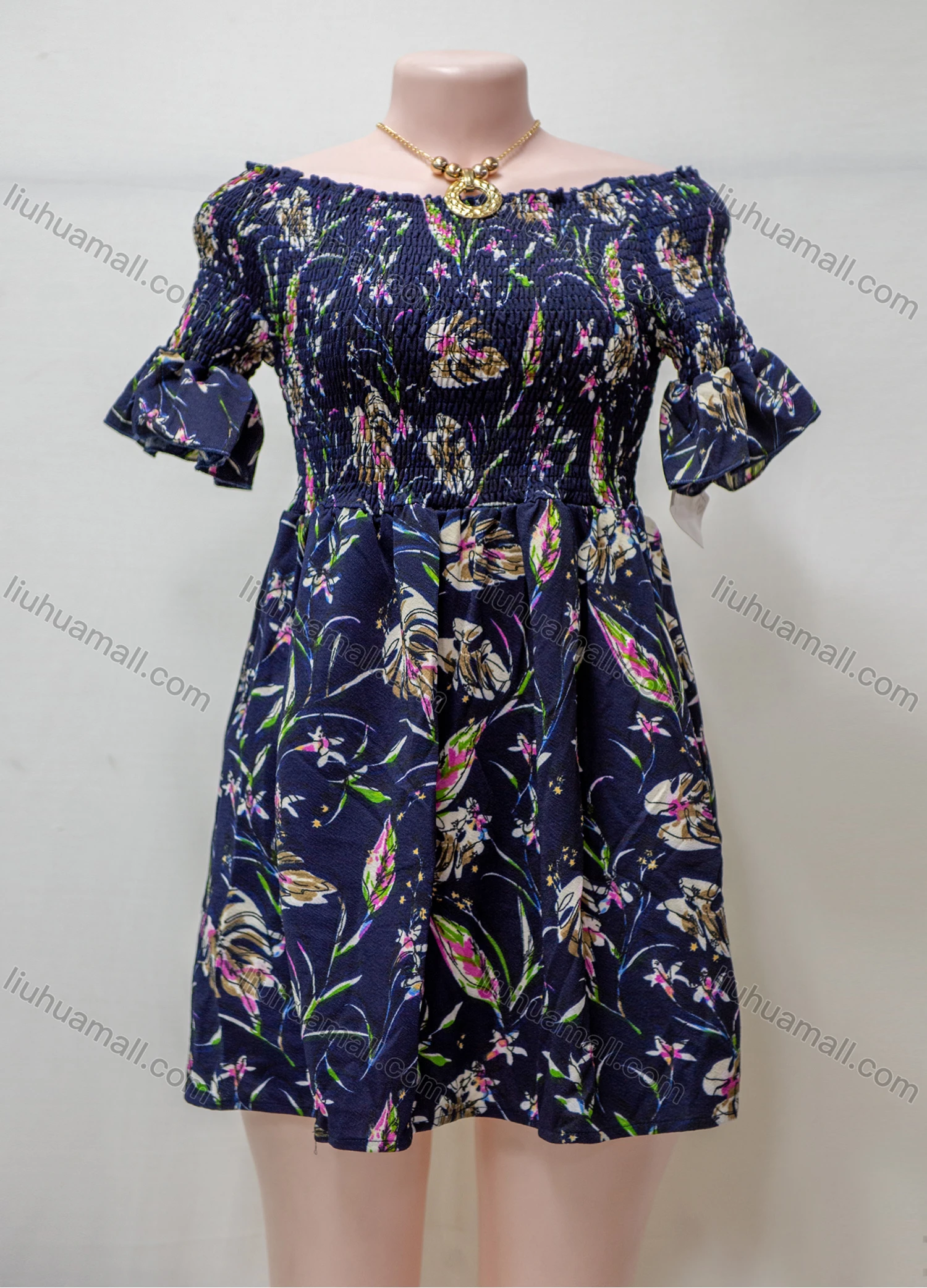 Wholesale Women's Casual Floral Print Shirred Poet Sleeve Ruffle Hem Short Dress - Liuhuamall