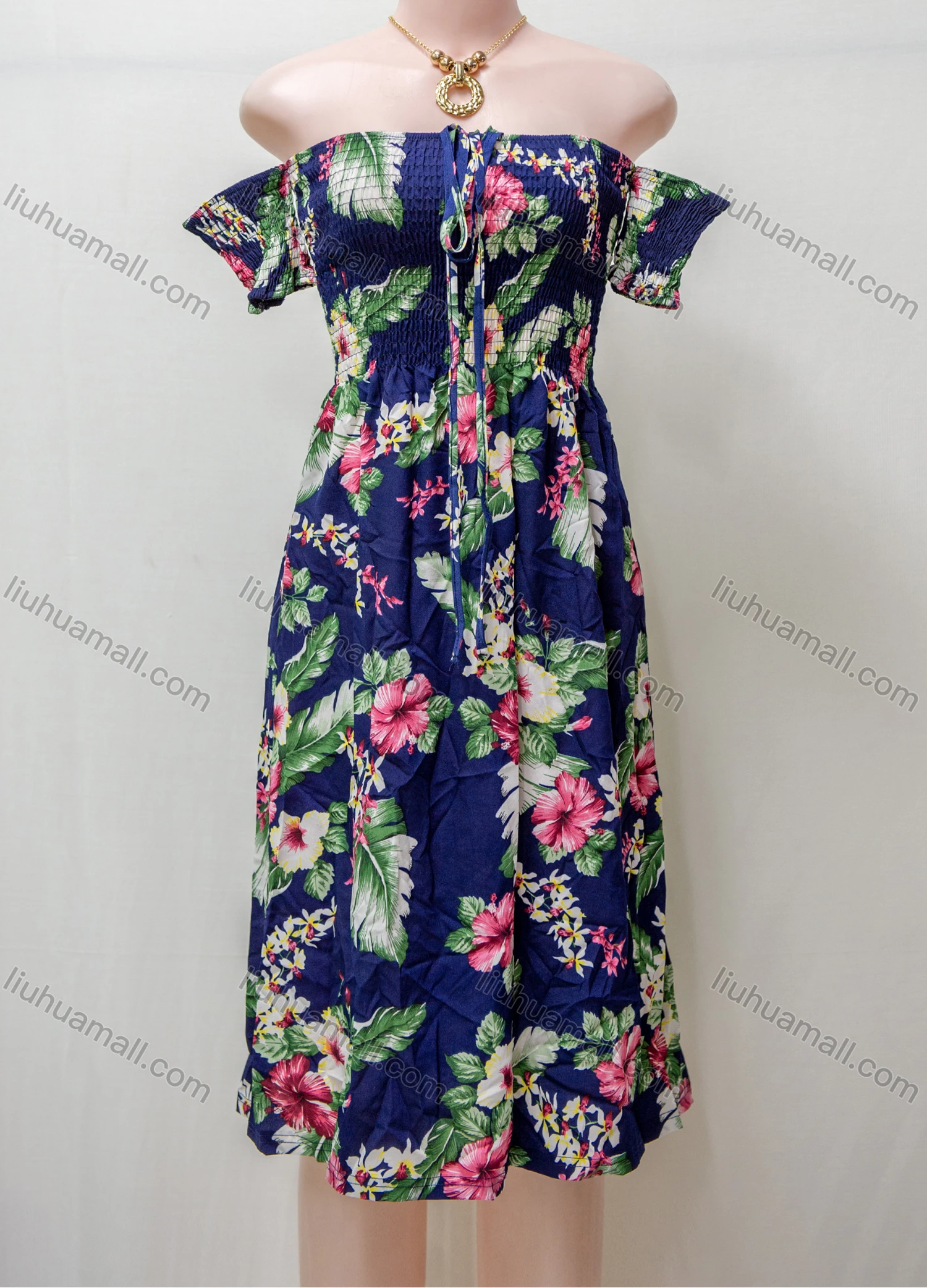 Wholesale Women's Casual Floral Print Shirred Off Shoulder Lace Up Ruffle Hem Midi Dress - Liuhuamall
