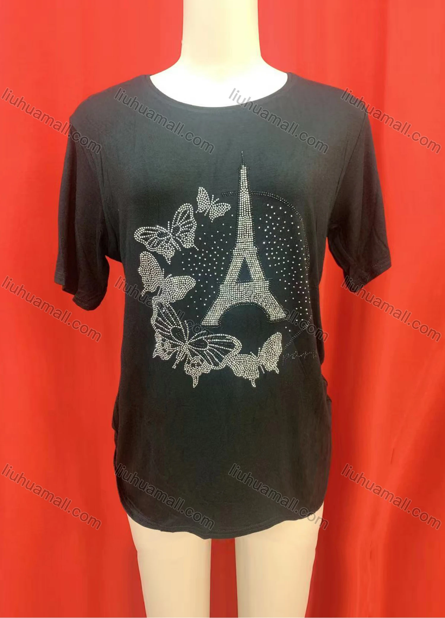 Wholesale Women's Casual Rhinestone Appliques Round Neck Short Sleeve Tee - Liuhuamall