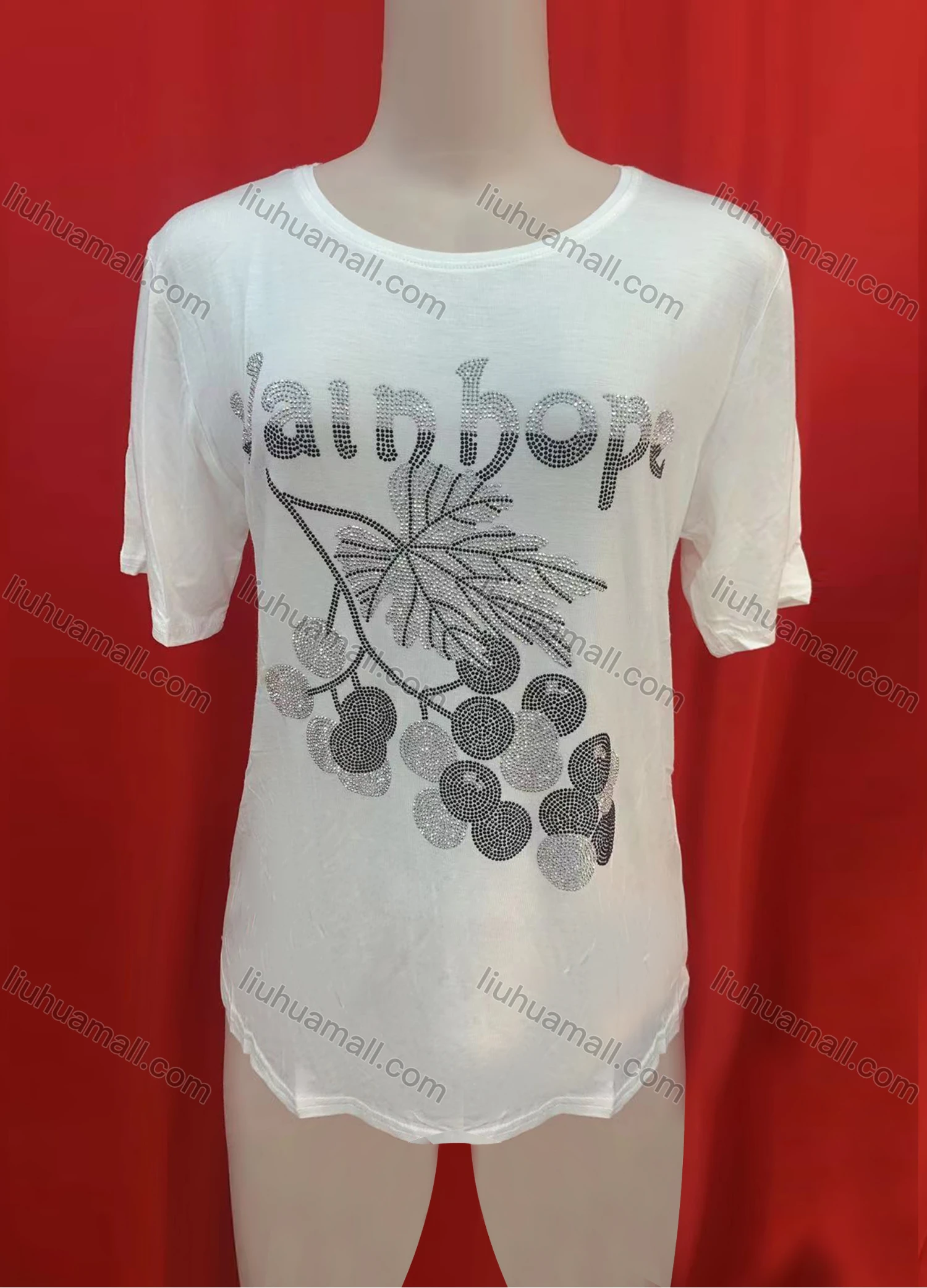 Wholesale Women's Casual Rhinestone Appliques Round Neck Short Sleeve Tee - Liuhuamall