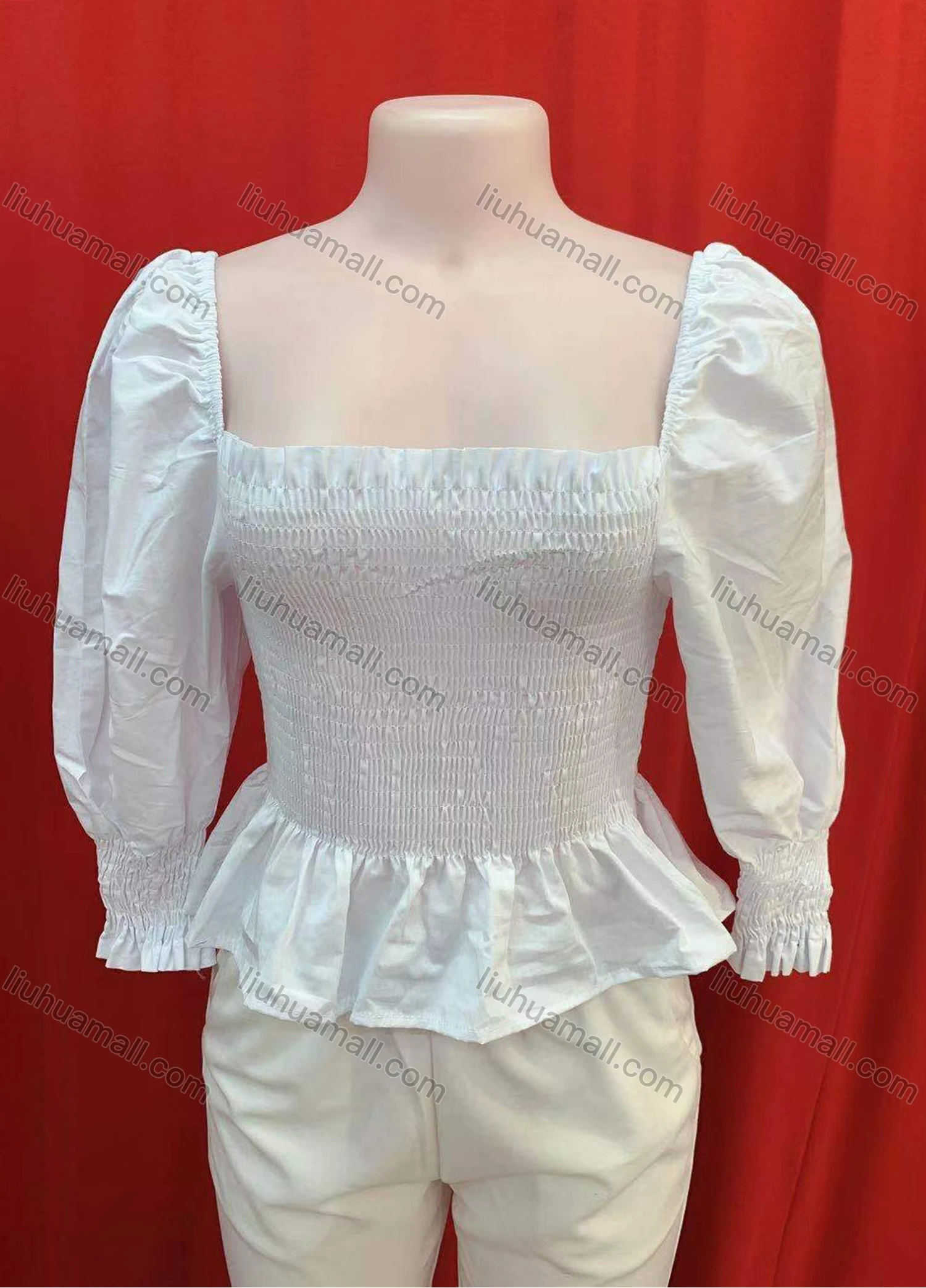 Wholesale Women's Casual Plain Square Neck Shirred Puff Sleeve Ruffle Hem Blouse - Liuhuamall