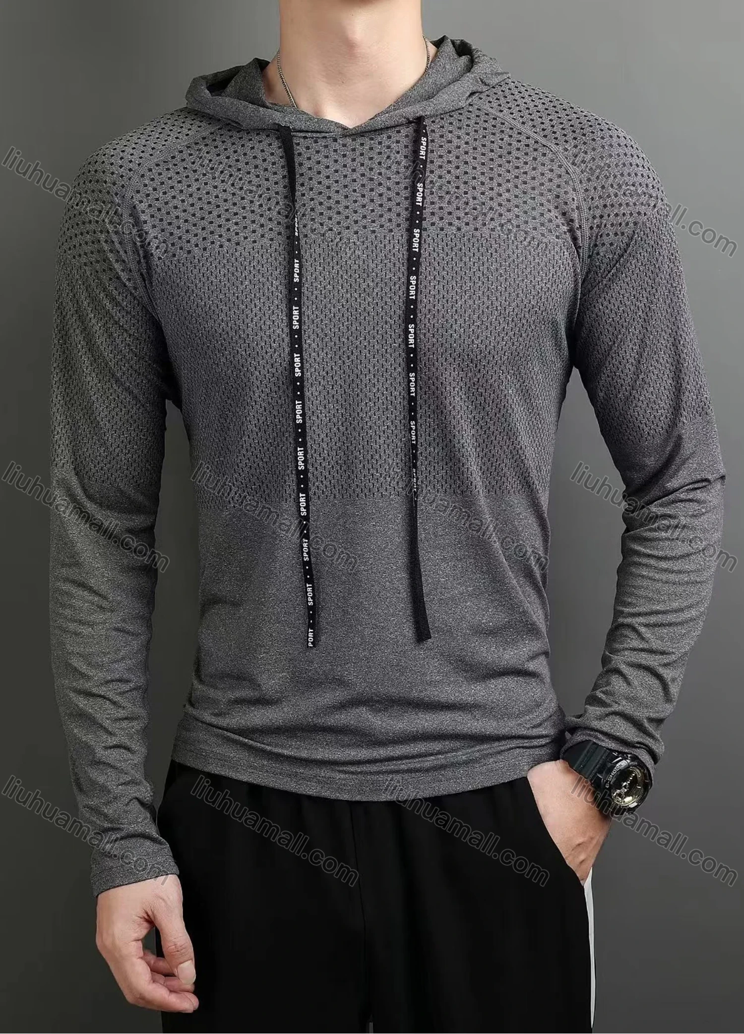 Wholesale Men's Athletic Plain Pin Dot Quick Dry Long Sleeve Splicing Drawstring Hoodie 553# - Liuhuamall