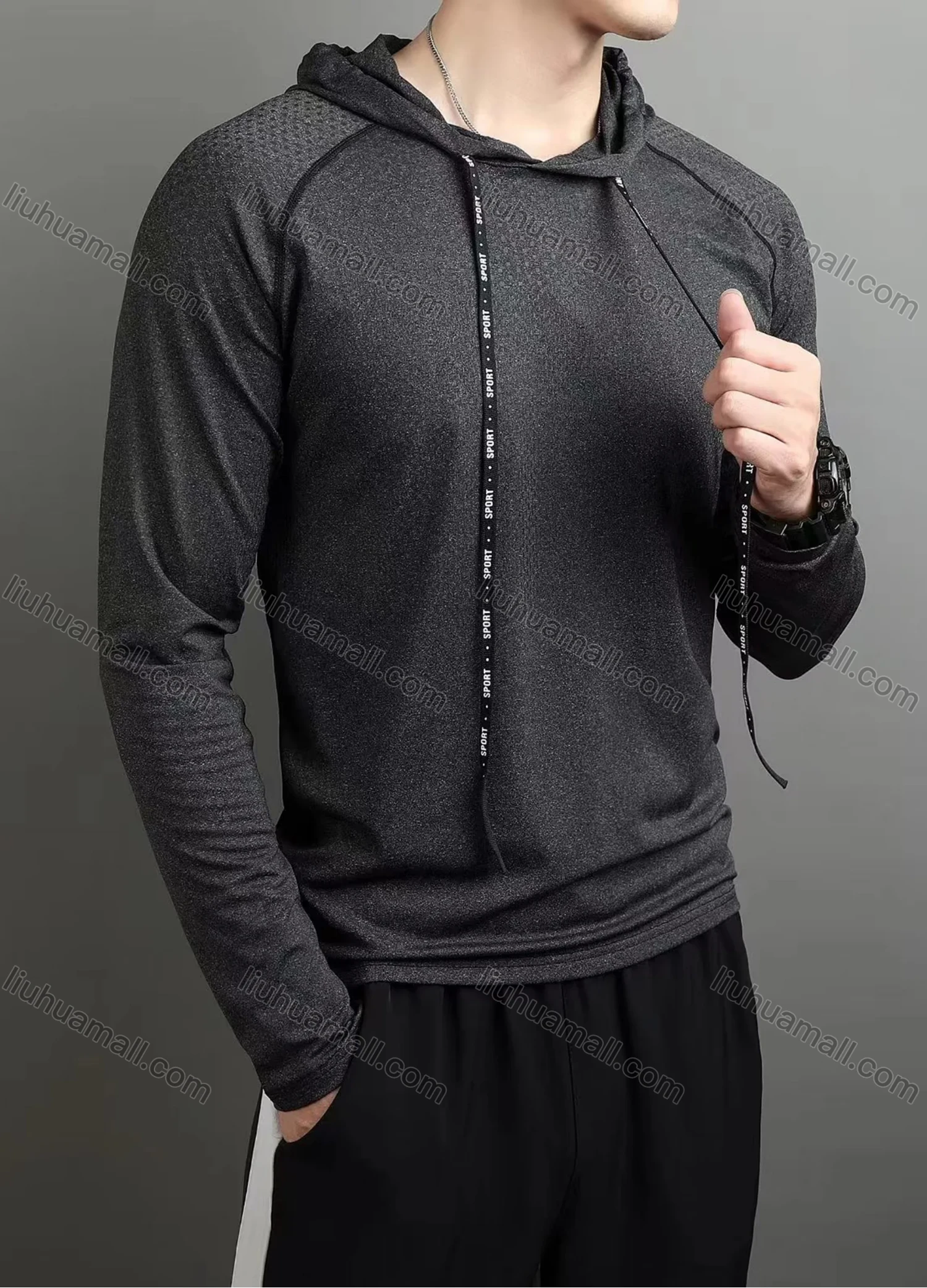 Wholesale Men's Athletic Plain Pin Dot Quick Dry Long Sleeve Splicing Drawstring Hoodie 553# - Liuhuamall