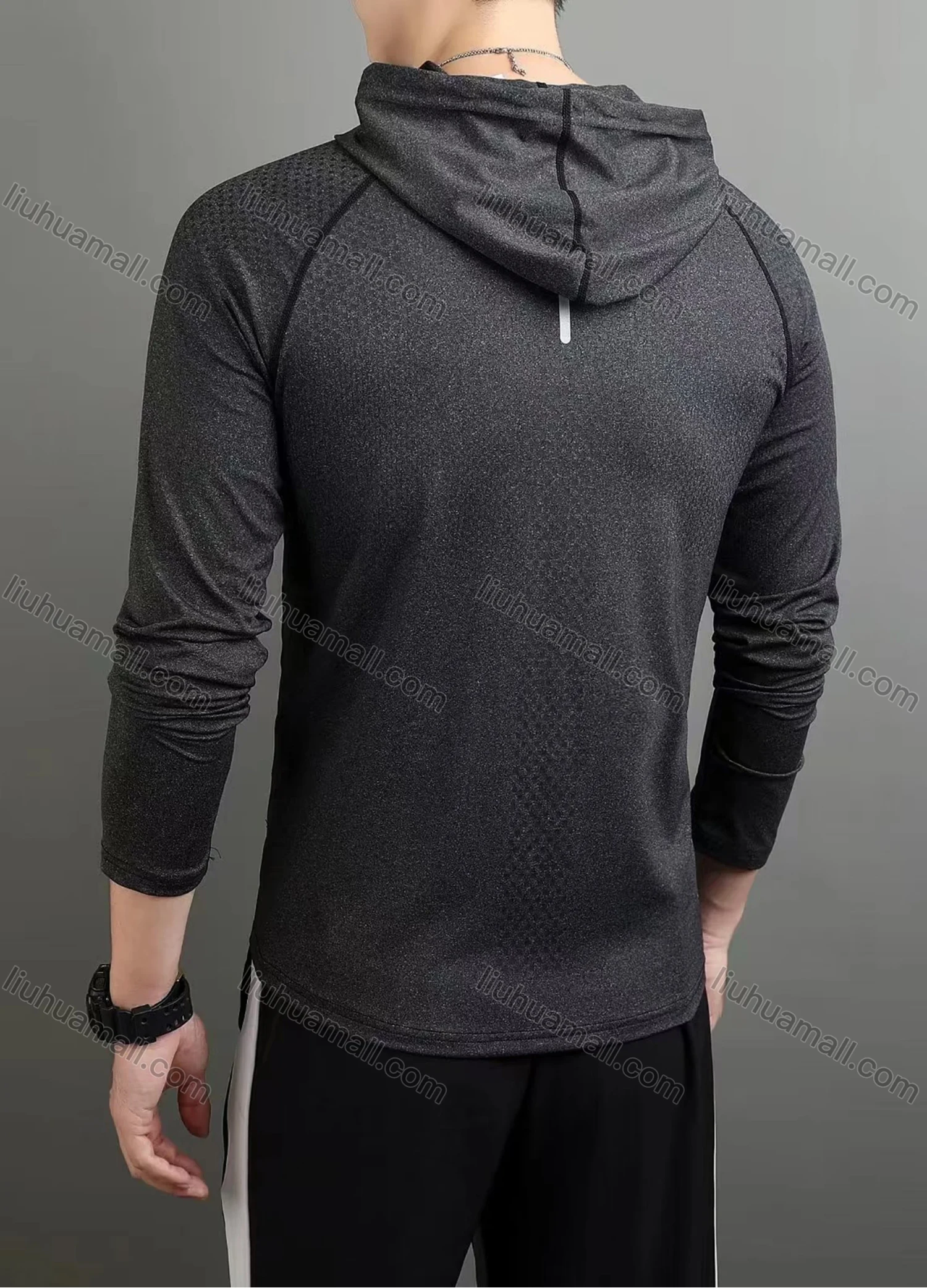 Wholesale Men's Athletic Plain Pin Dot Quick Dry Long Sleeve Splicing Drawstring Hoodie 553# - Liuhuamall