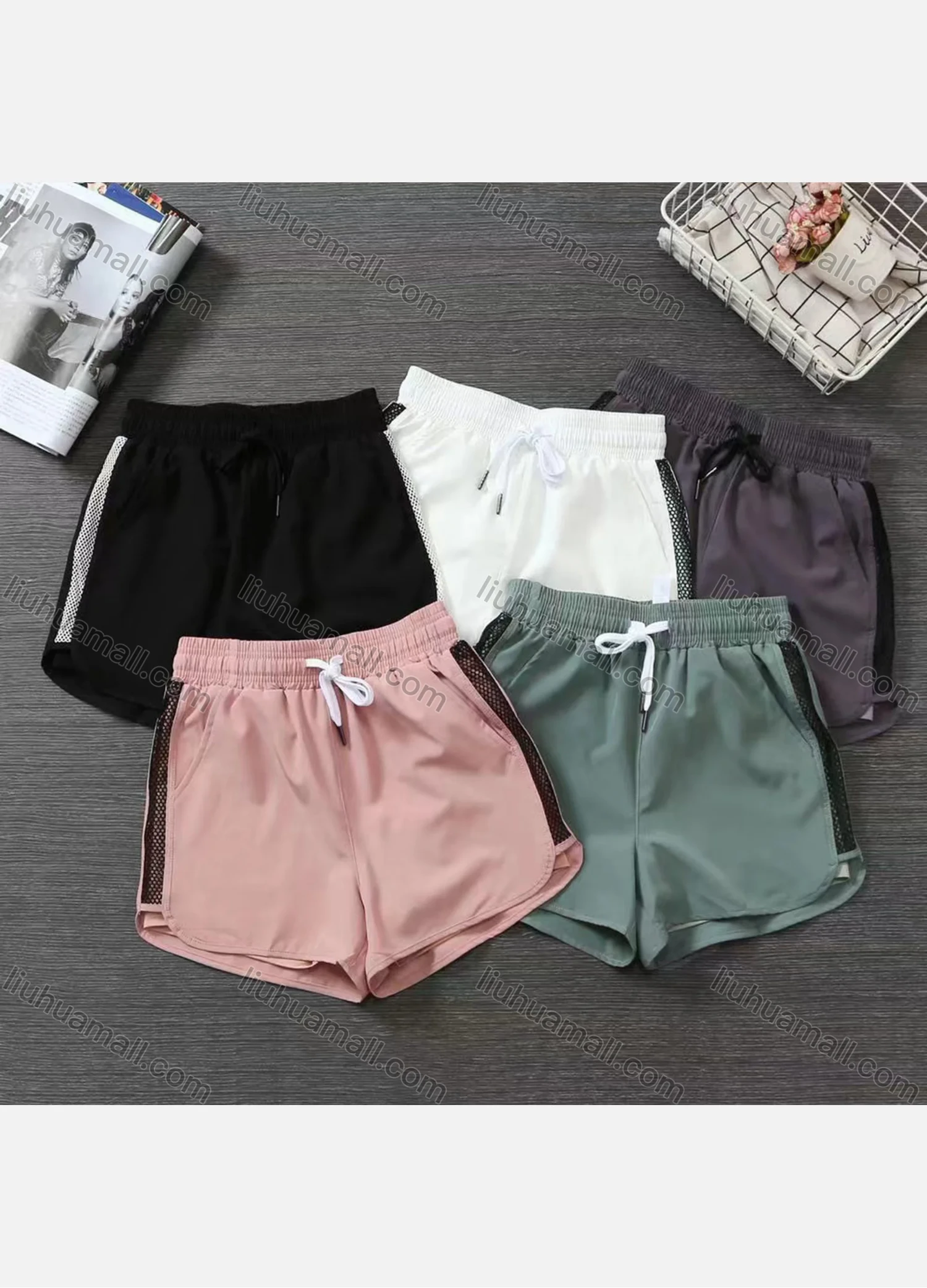 Wholesale Women's Plain Quick Dry Breathable Mesh Elastic Waist Drawstring Sporty Shorts - Liuhuamall