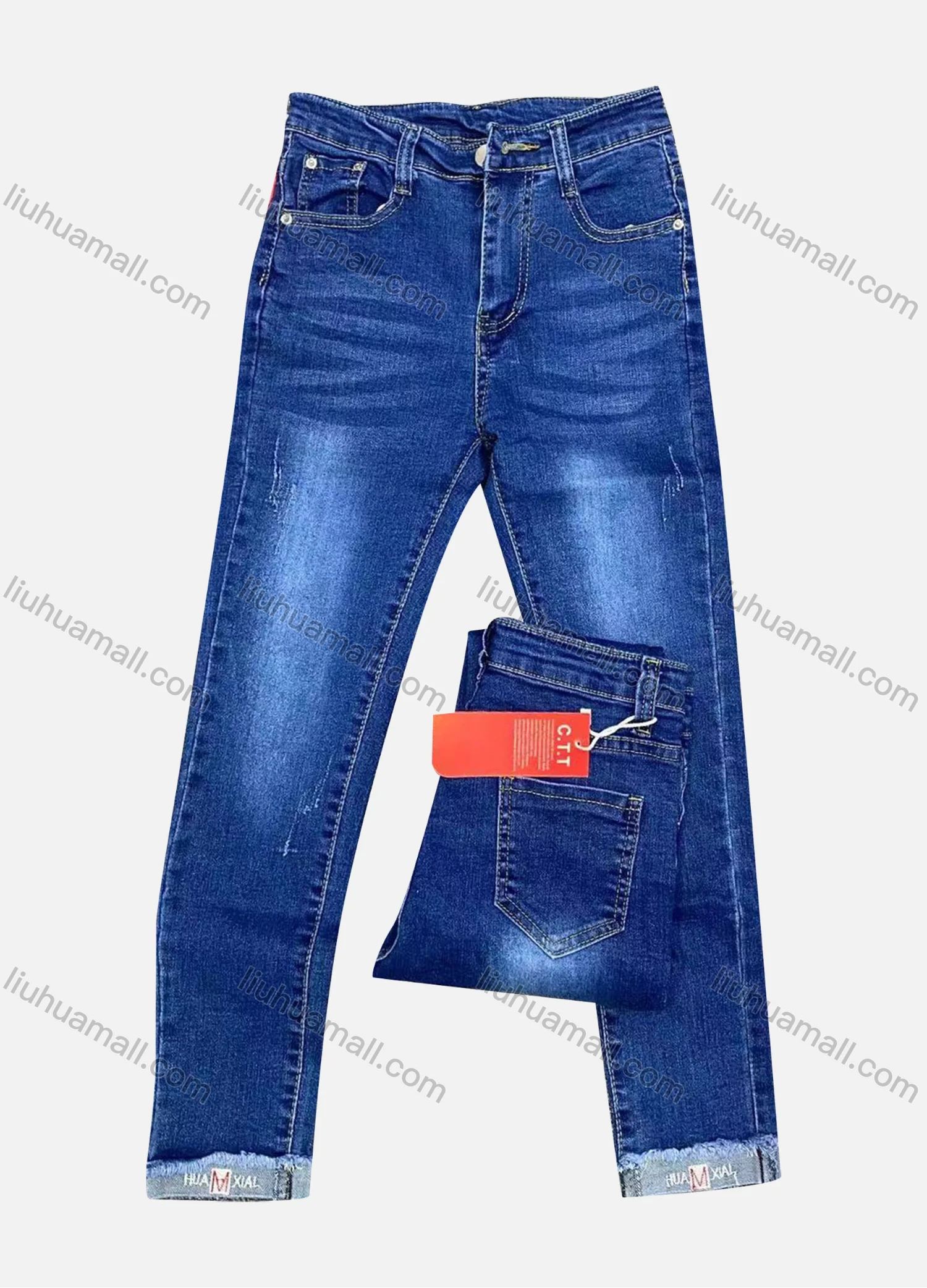 Wholesale Men's Casual Patch Pocket Wash Button Closure Denim Jeans - Liuhuamall