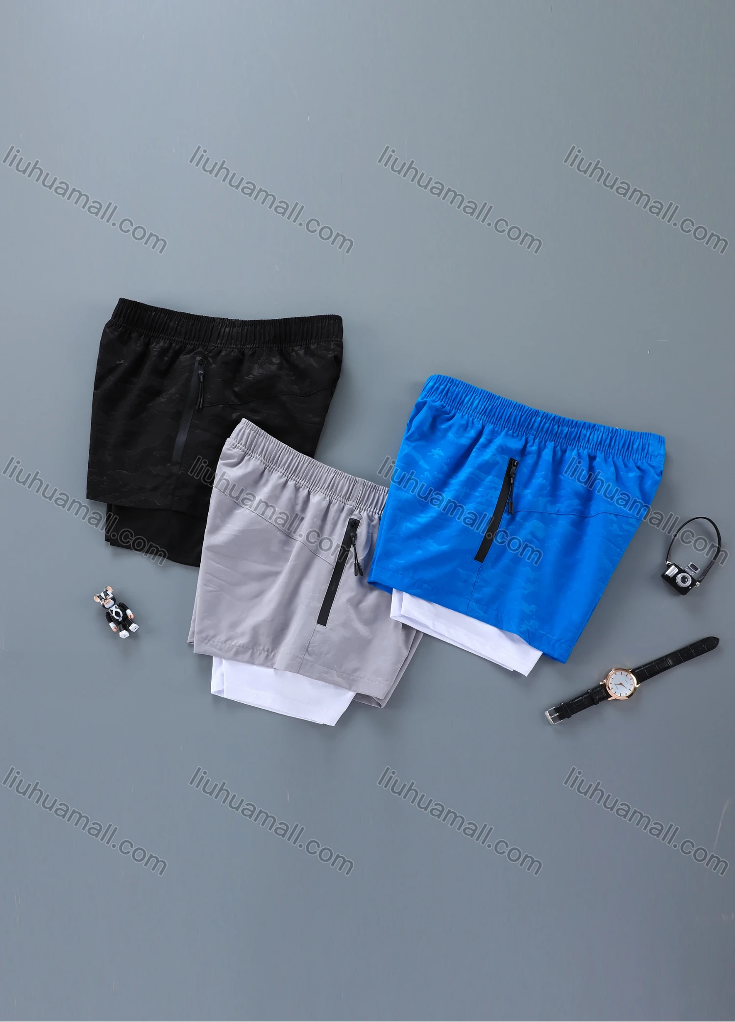 Wholesale Men's 2-in-1 Plain Quick Dry Elastic Waist Zipper Pockets Sporty Shorts - Liuhuamall