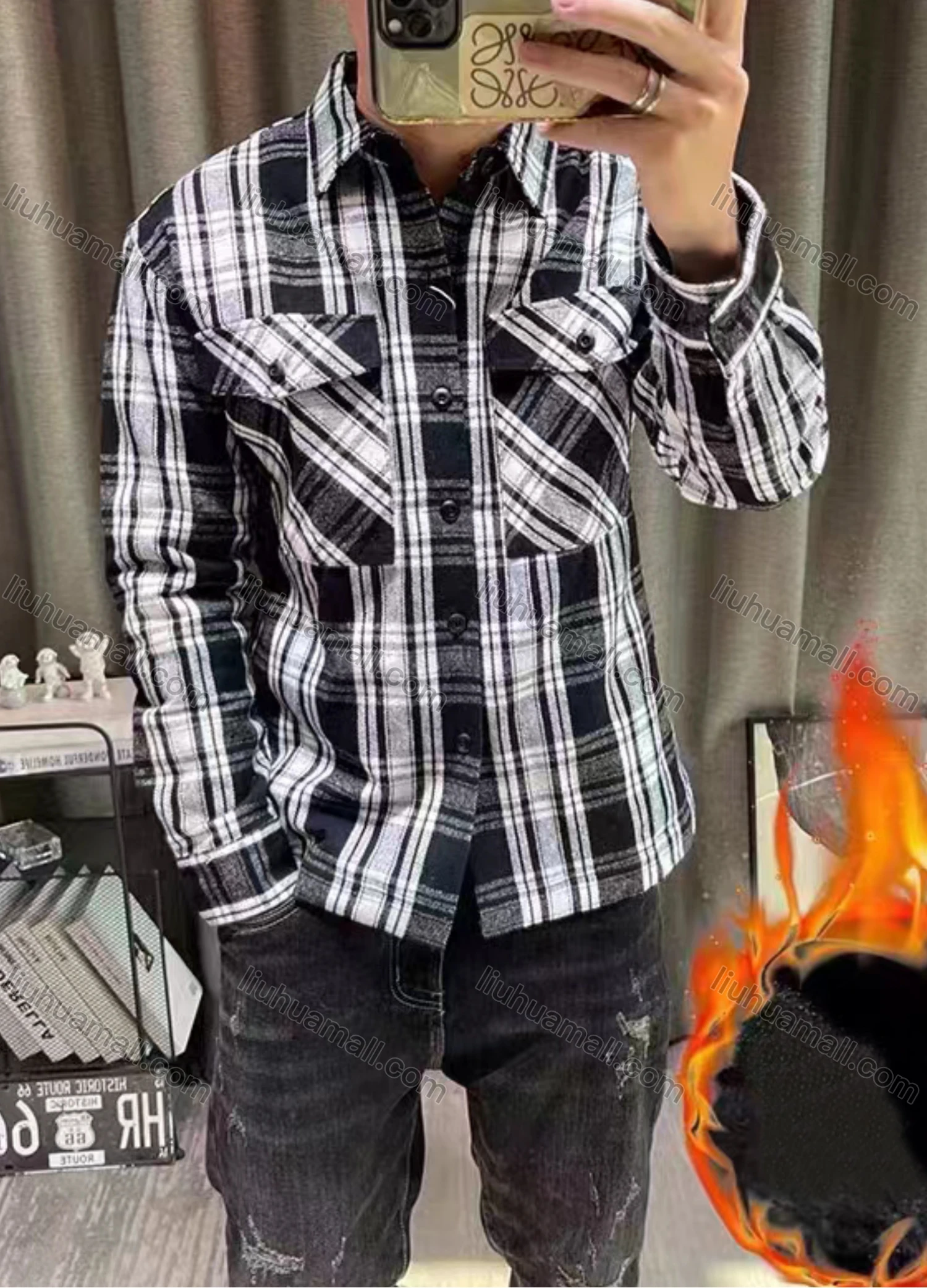Wholesale Men's Casual Plaid Print Flap Pockets Long Sleeve Shirt - Liuhuamall