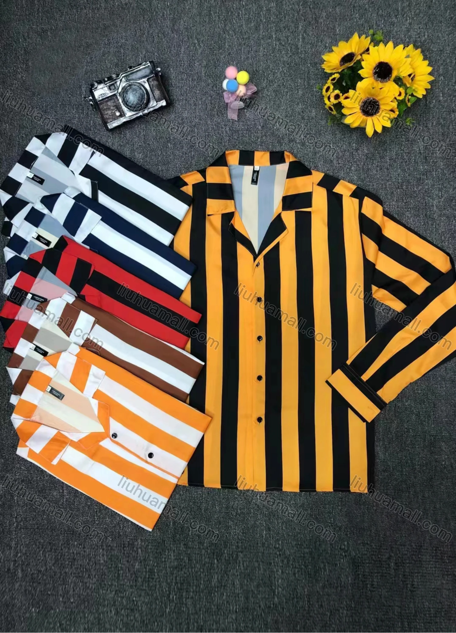 Wholesale Men's Casual Lapel Collar Long Sleeve Striped Button Down Shirt - Liuhuamall