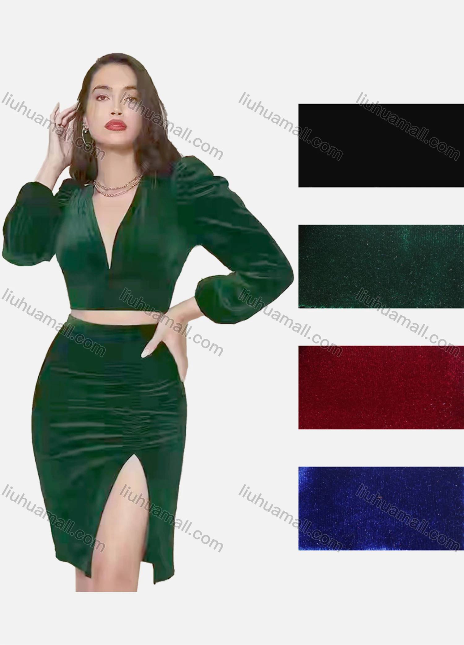 Wholesale Women's Casual V Neck Long Sleeve Plain Crop Top & Skirt Set - Liuhuamall
