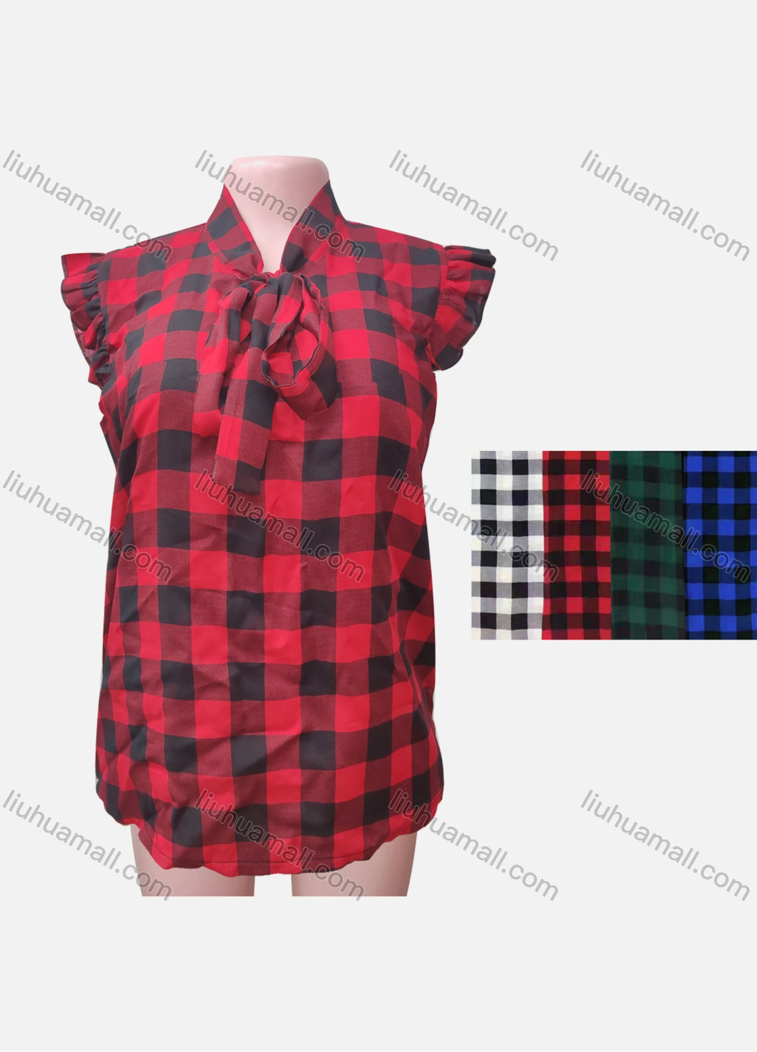 Wholesale Women's Casual Mock Neck Ruffle Sleeve Plaid Print Blouse - Liuhuamall