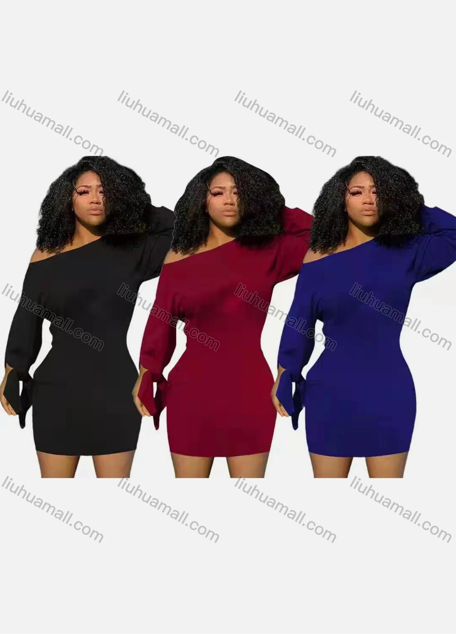 Wholesale Women's Sexy One Shoulder Long Sleeve Plain Short Dress - Liuhuamall