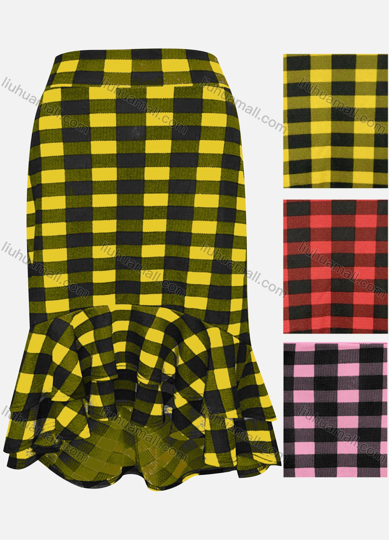 Wholesale Girls Casual Elastic Waist Plaid Ruffle Hem Knee Length Skirt - Liuhuamall