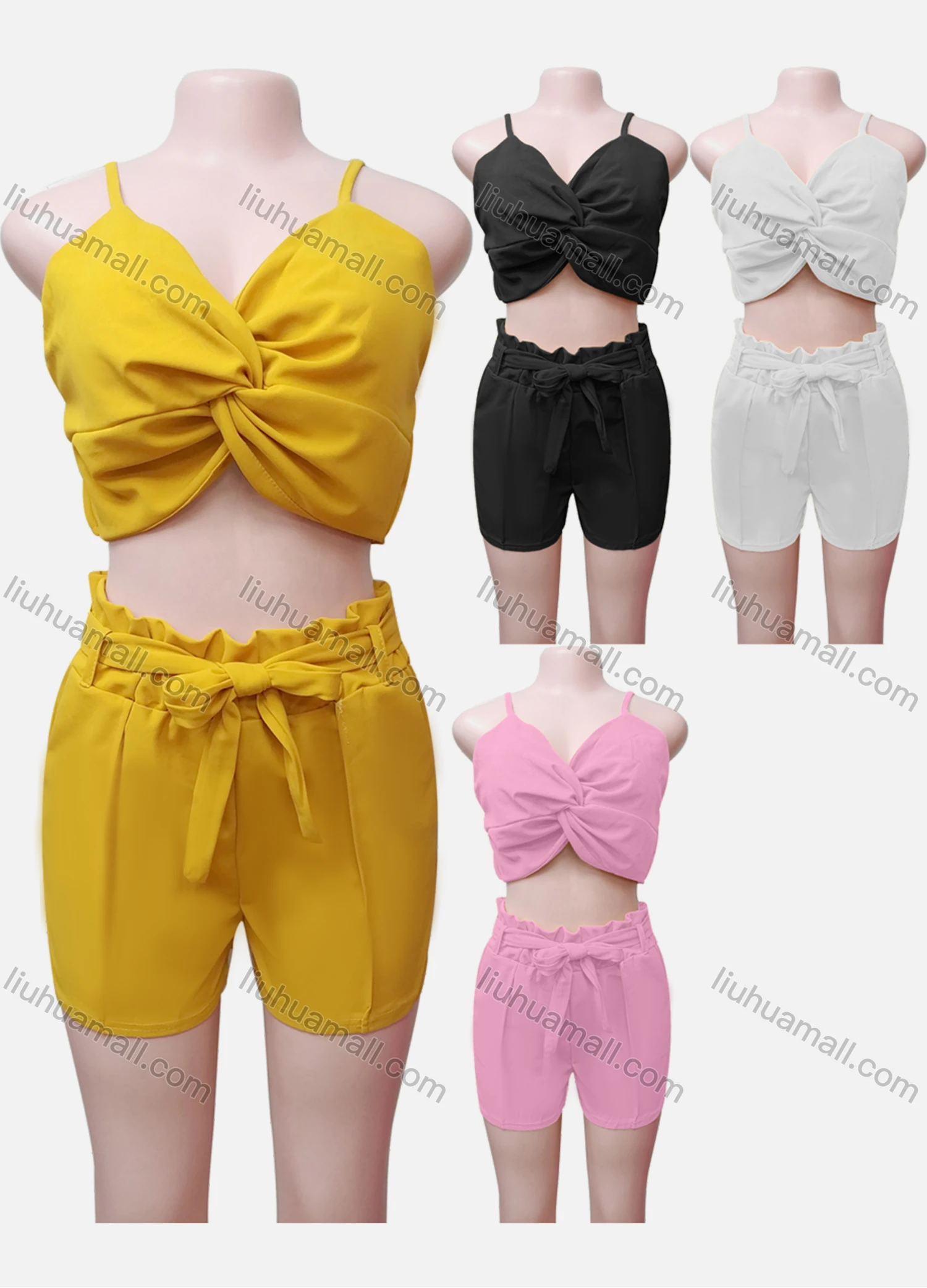 Wholesale Women's Casual Plain Twist Slim Fit Crop Cami Top & Shorts Set - Liuhuamall