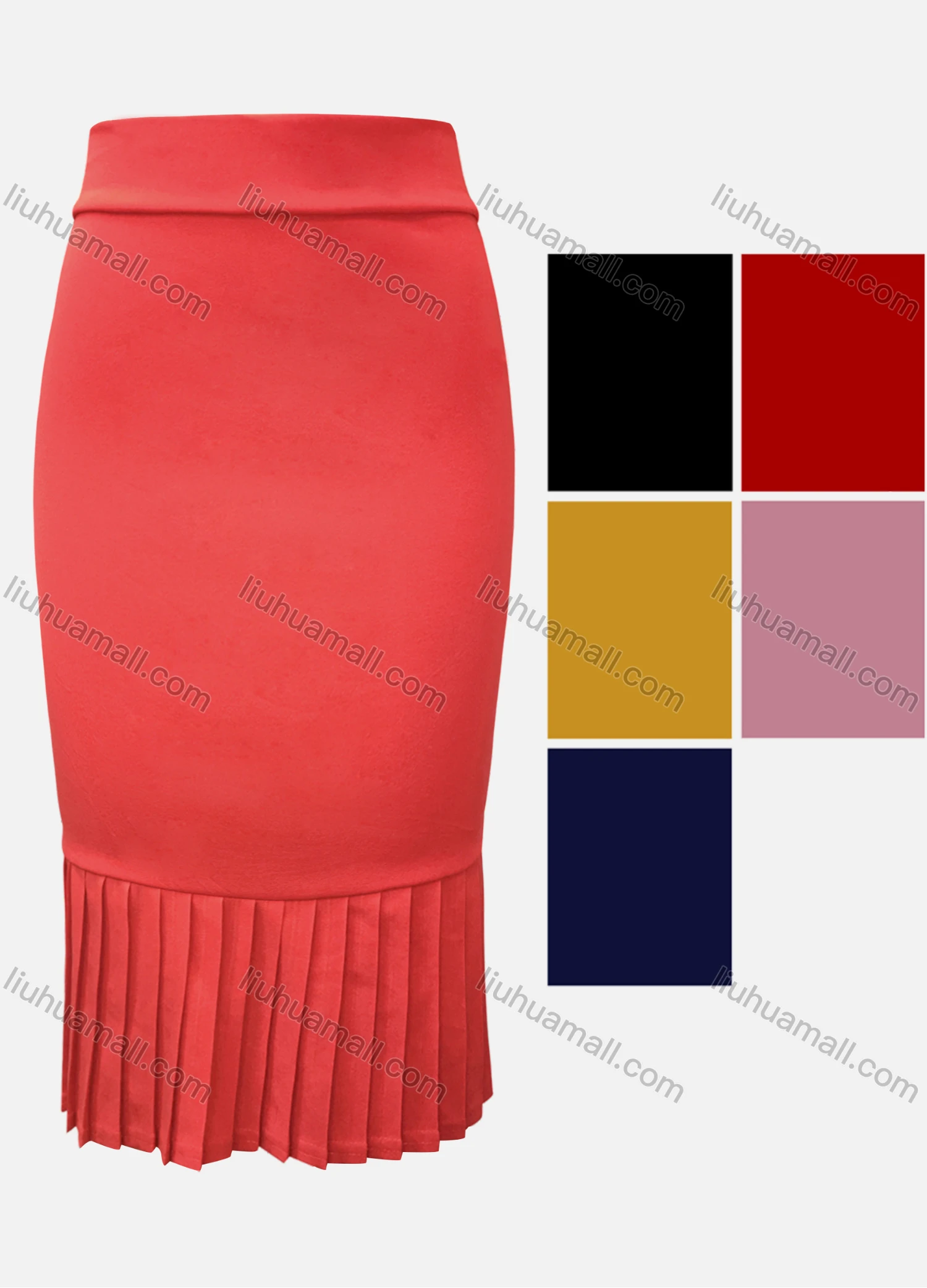 Wholesale Women's Business Elastic Waist Plain Pleated Knee Length Skirt - Liuhuamall