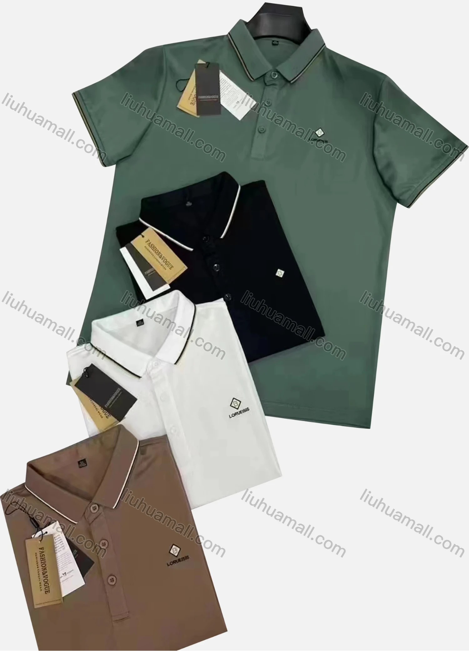 Wholesale Men's Casual 100%Cotton Plain Striped Trim Short Sleeve Polo Shirt - Liuhuamall