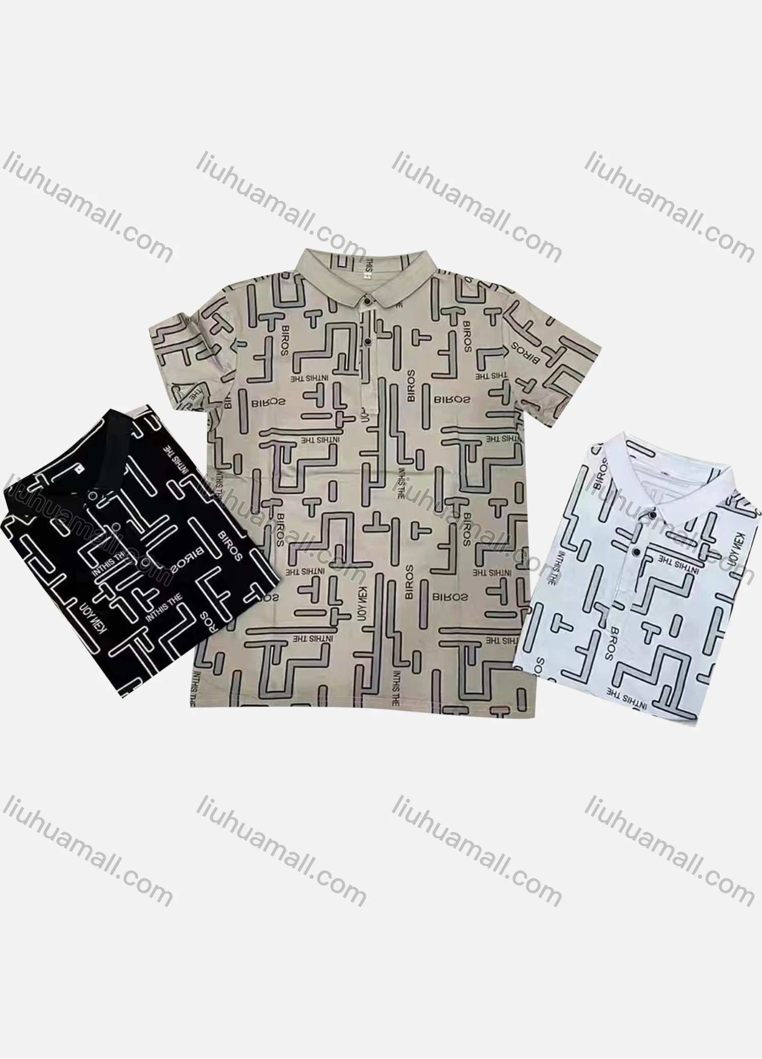 Wholesale Men's Casual 100% Cotton Allover Print Letter Short Sleeve Polo Shirt - Liuhuamall