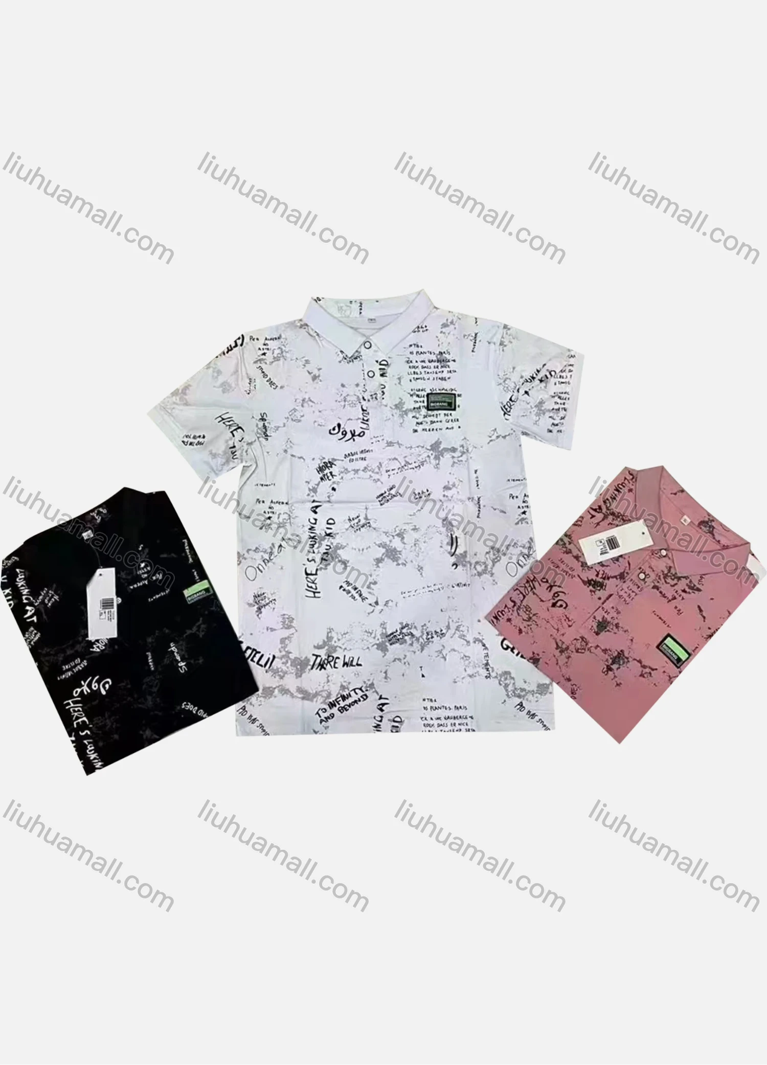 Wholesale Men's Casual 100% Cotton Allover Print Letter Short Sleeve Polo Shirt - Liuhuamall
