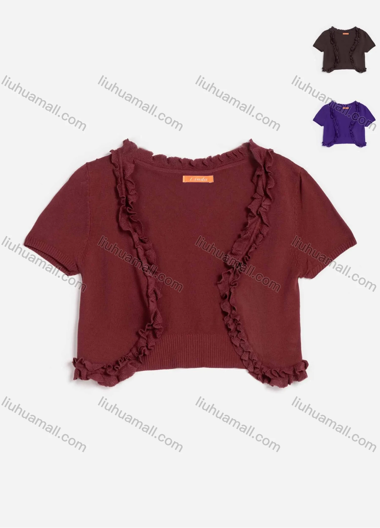 Wholesale Women's V Neck Short Sleeve Lettuce Trim Plain Crop Cardigan 9169# - Liuhuamall