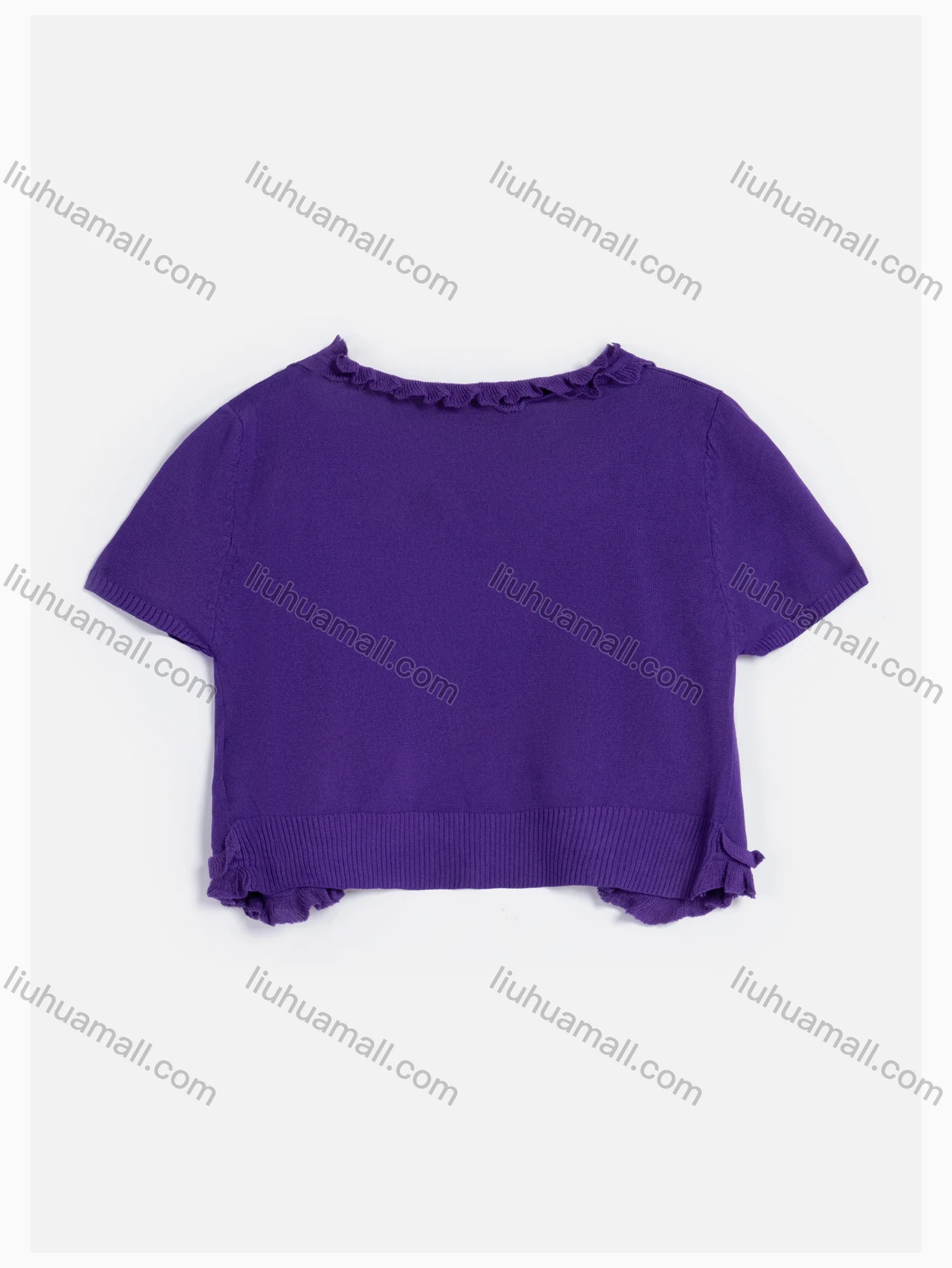 Wholesale Women's V Neck Short Sleeve Lettuce Trim Plain Crop Cardigan 9169# - Liuhuamall