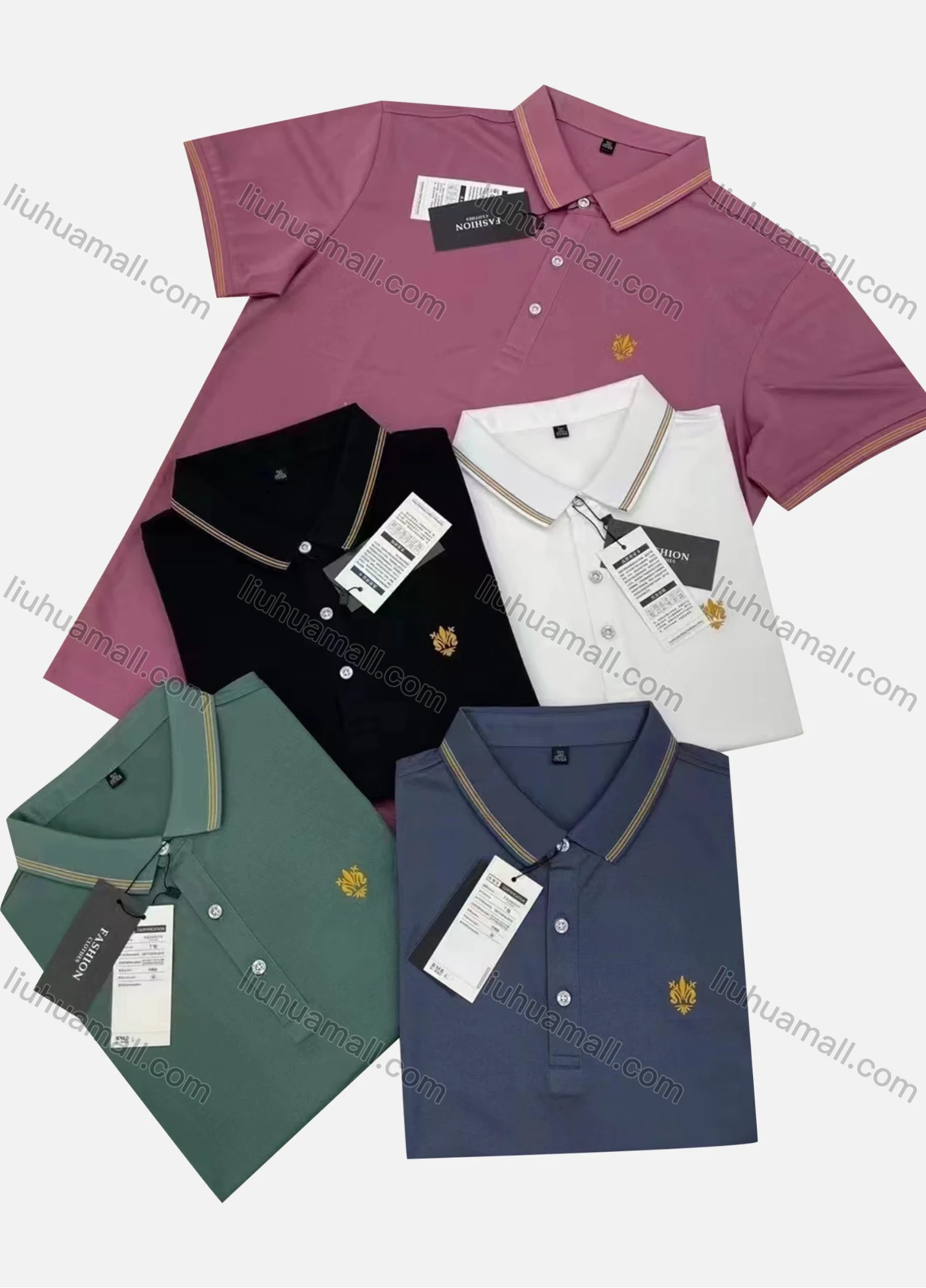 Wholesale Men's Casual 100% Cotton Plain Striped Trim Labelled Short Sleeve Polo Shirt 802# - Liuhuamall