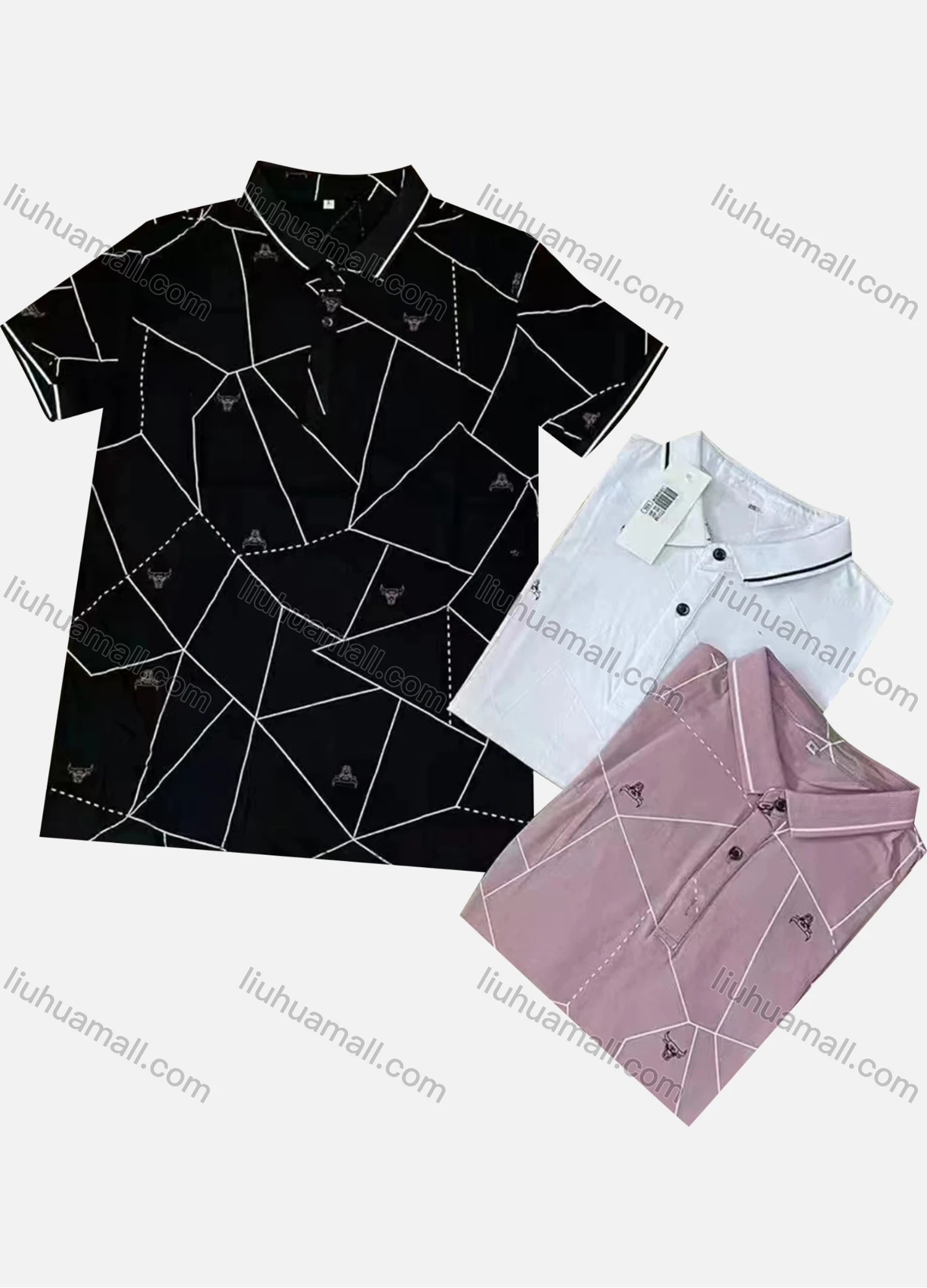 Wholesale Men's Casual 100% Cotton Geometric Texture Short Sleeve Polo Shirt 7322# - Liuhuamall
