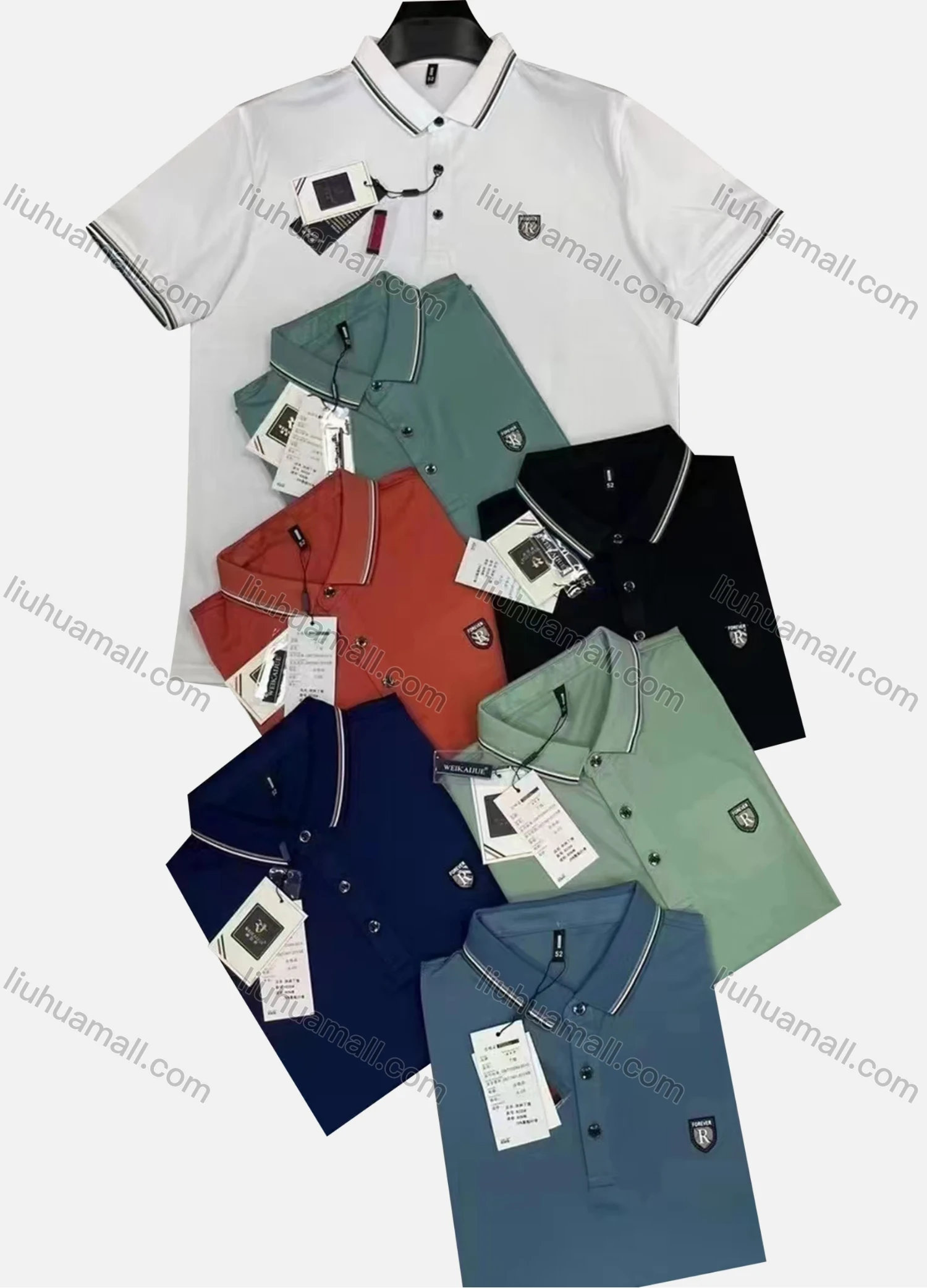 Wholesale Men's Casual 100% Cotton Plain Striped Trim Labelled Short Sleeve Polo Shirt 8235# - Liuhuamall