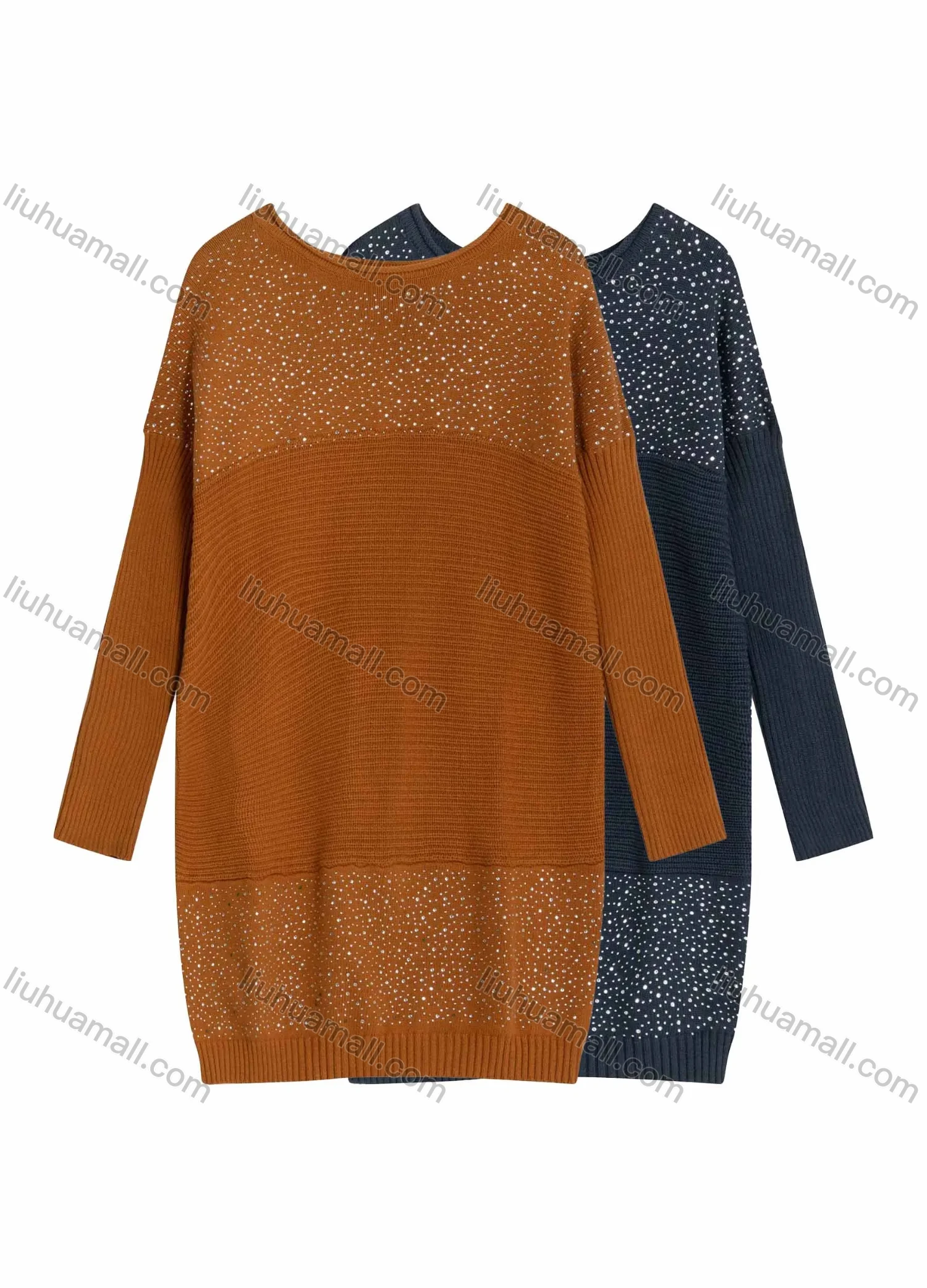 Wholesale Women's Plain Casual Round Neck Ribbed Rhinestone Decor Long Sleeve Knee Length Sweater Dress 9151# - Liuhuamall