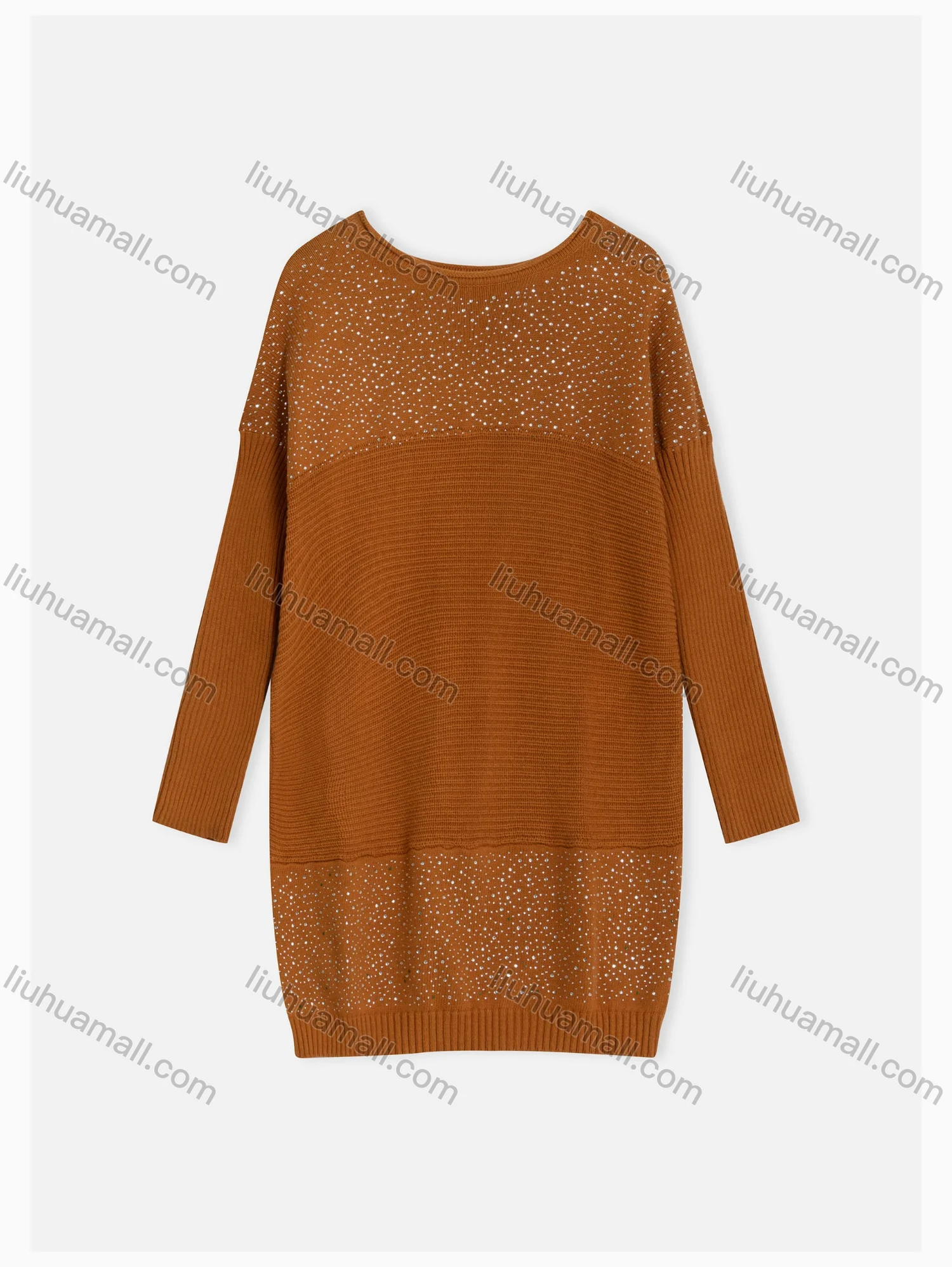 Wholesale Women's Plain Casual Round Neck Ribbed Rhinestone Decor Long Sleeve Knee Length Sweater Dress 9151# - Liuhuamall