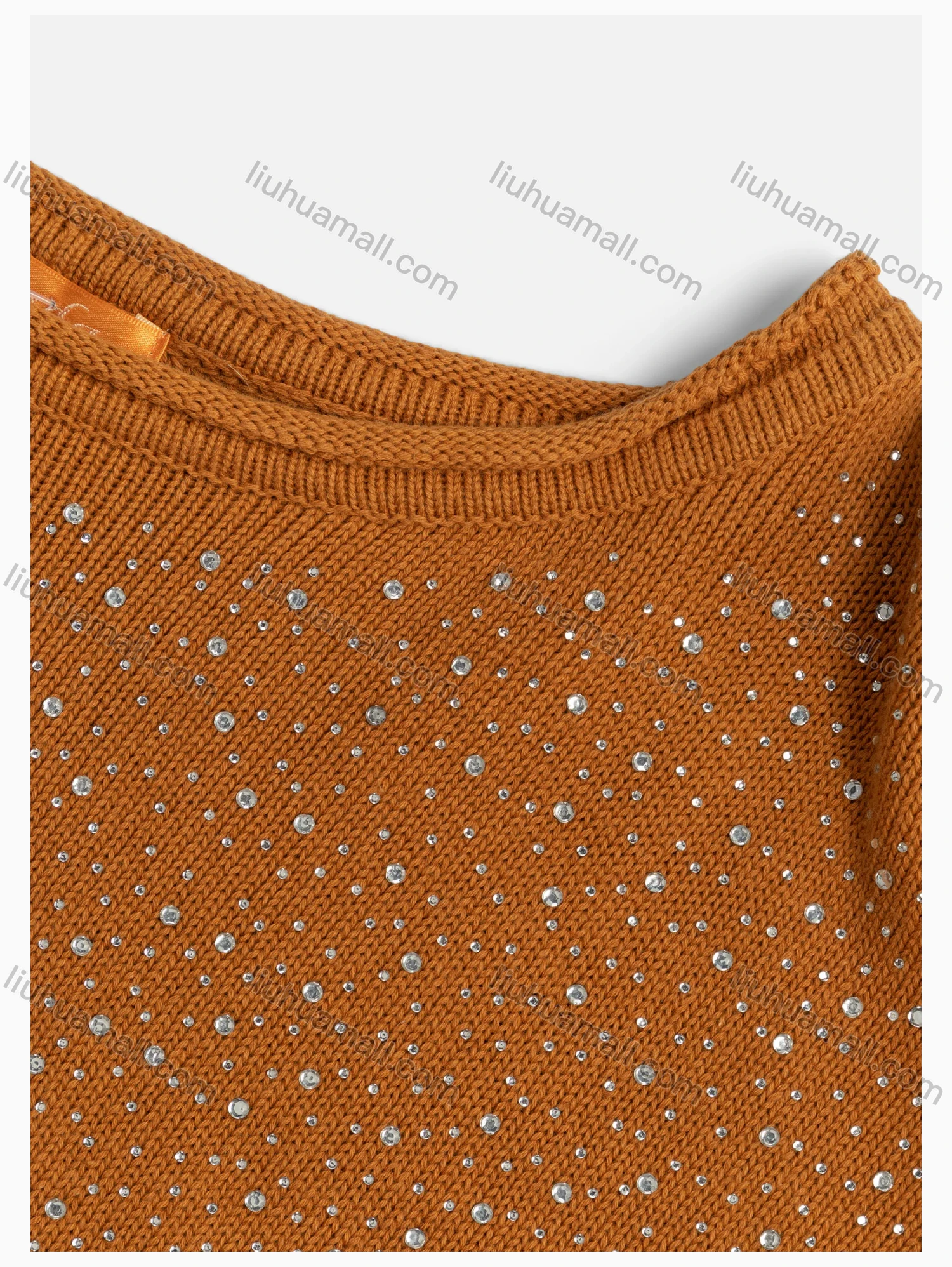 Wholesale Women's Plain Casual Round Neck Ribbed Rhinestone Decor Long Sleeve Knee Length Sweater Dress 9151# - Liuhuamall
