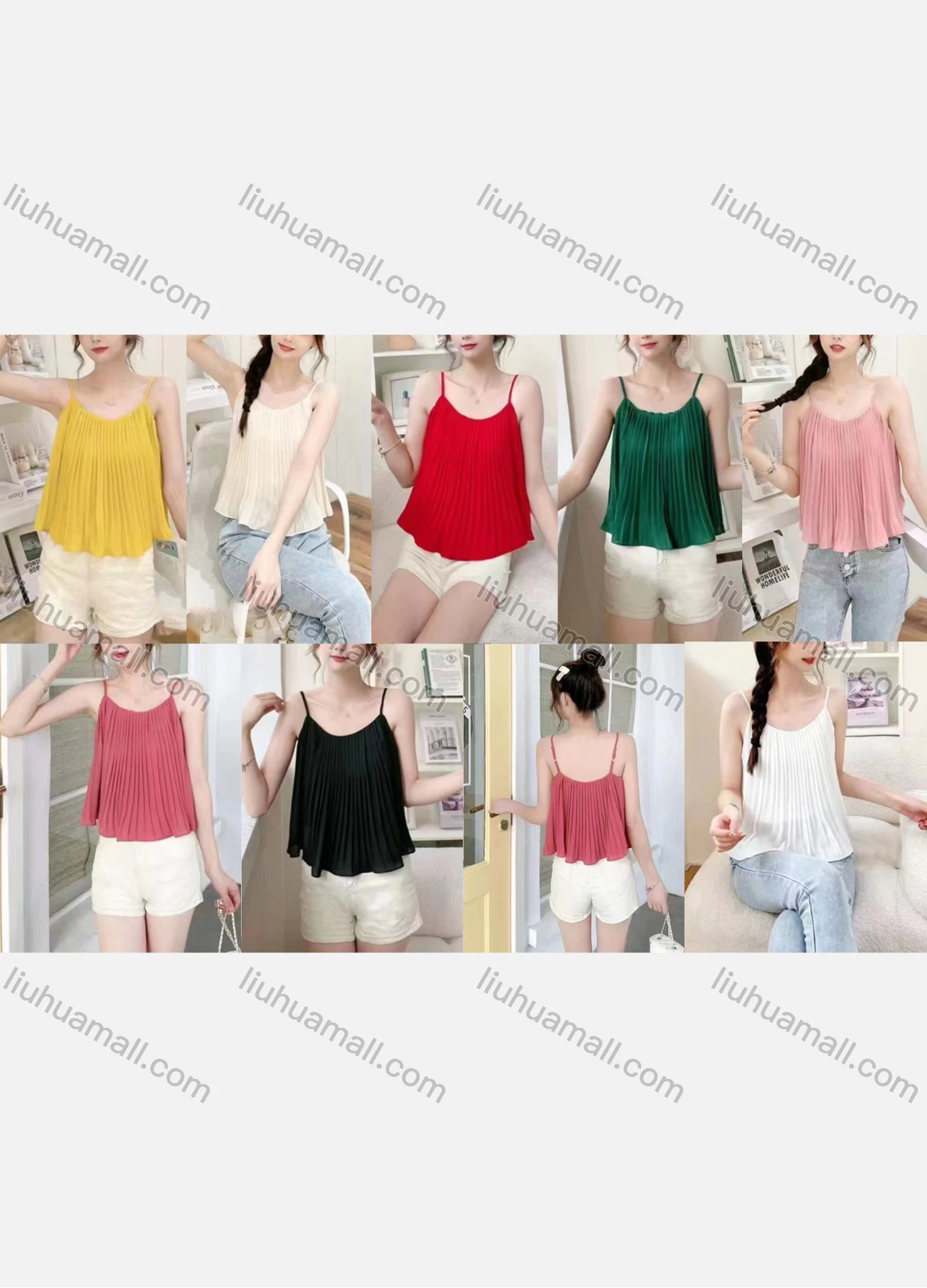 Wholesale Women's Casual V Neck Sleeveless Ruched Plain Pullover Cami Top - Liuhuamall