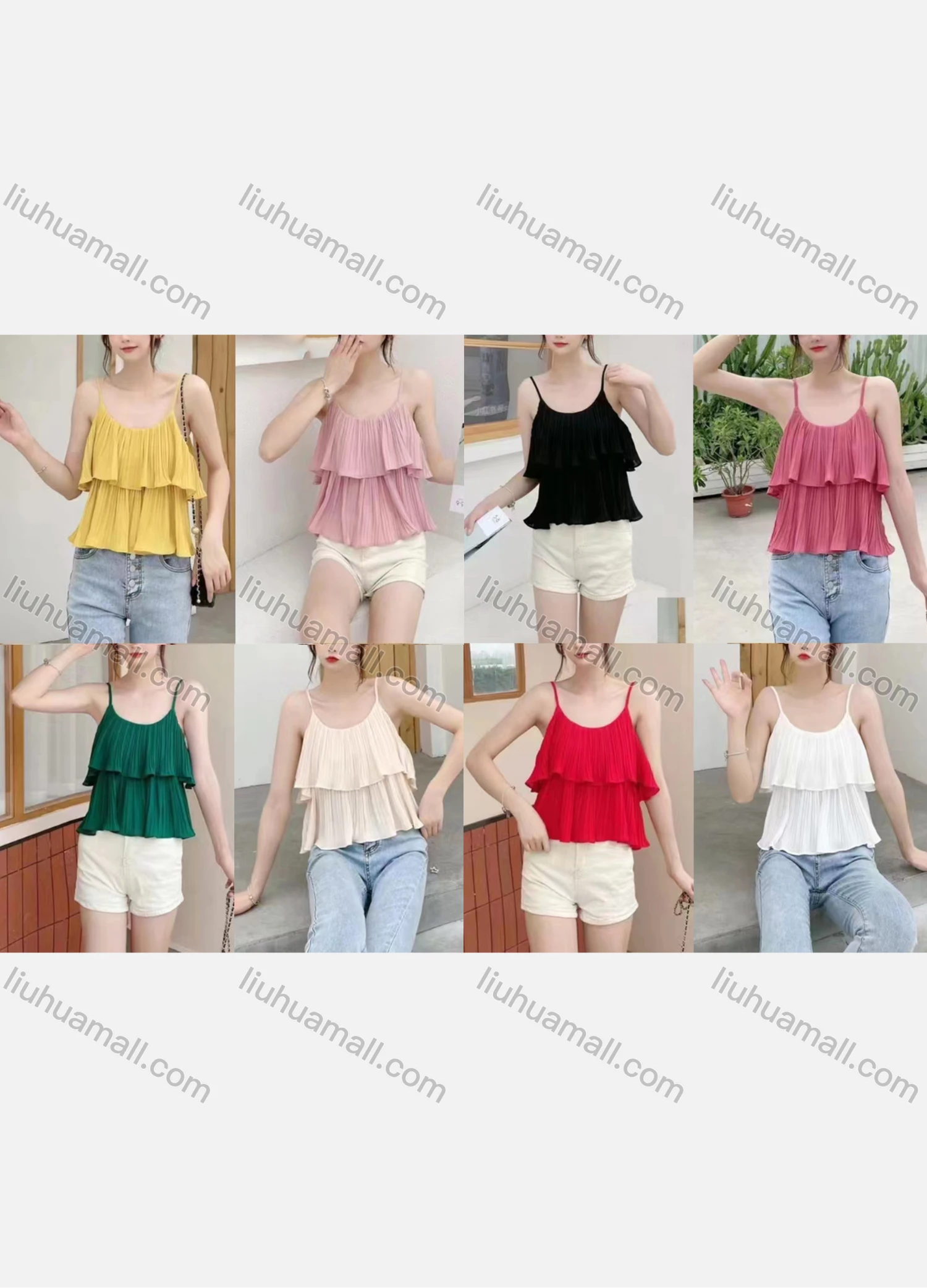 Wholesale Women's Casual Scoop Neck Sleeveless Ruched Tiered Plain Cami Top - Liuhuamall