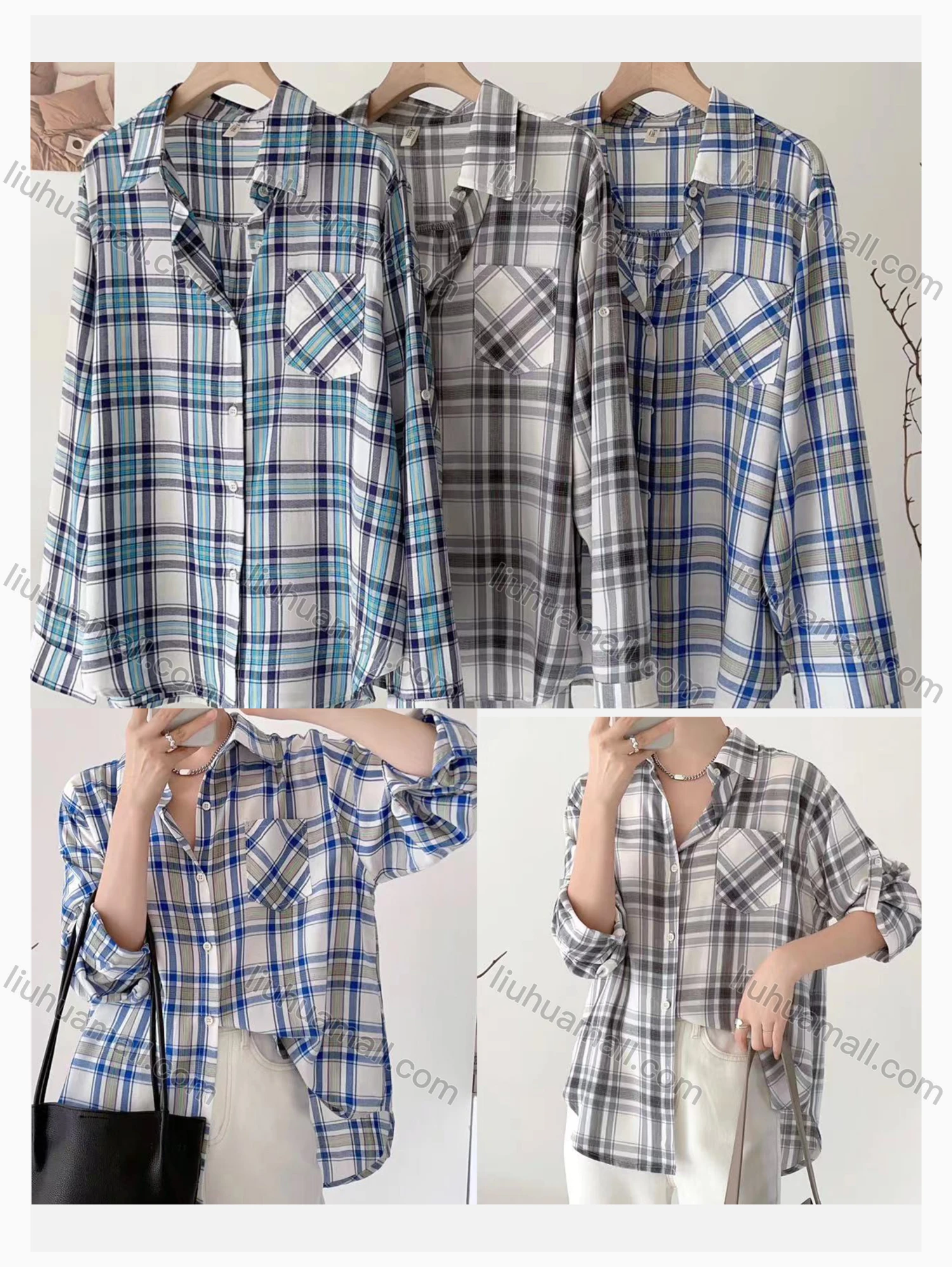 Wholesale Women's Collared Loose Fit Plaid Print Patch Pocket Long Sleeve Shirt 373# - Liuhuamall