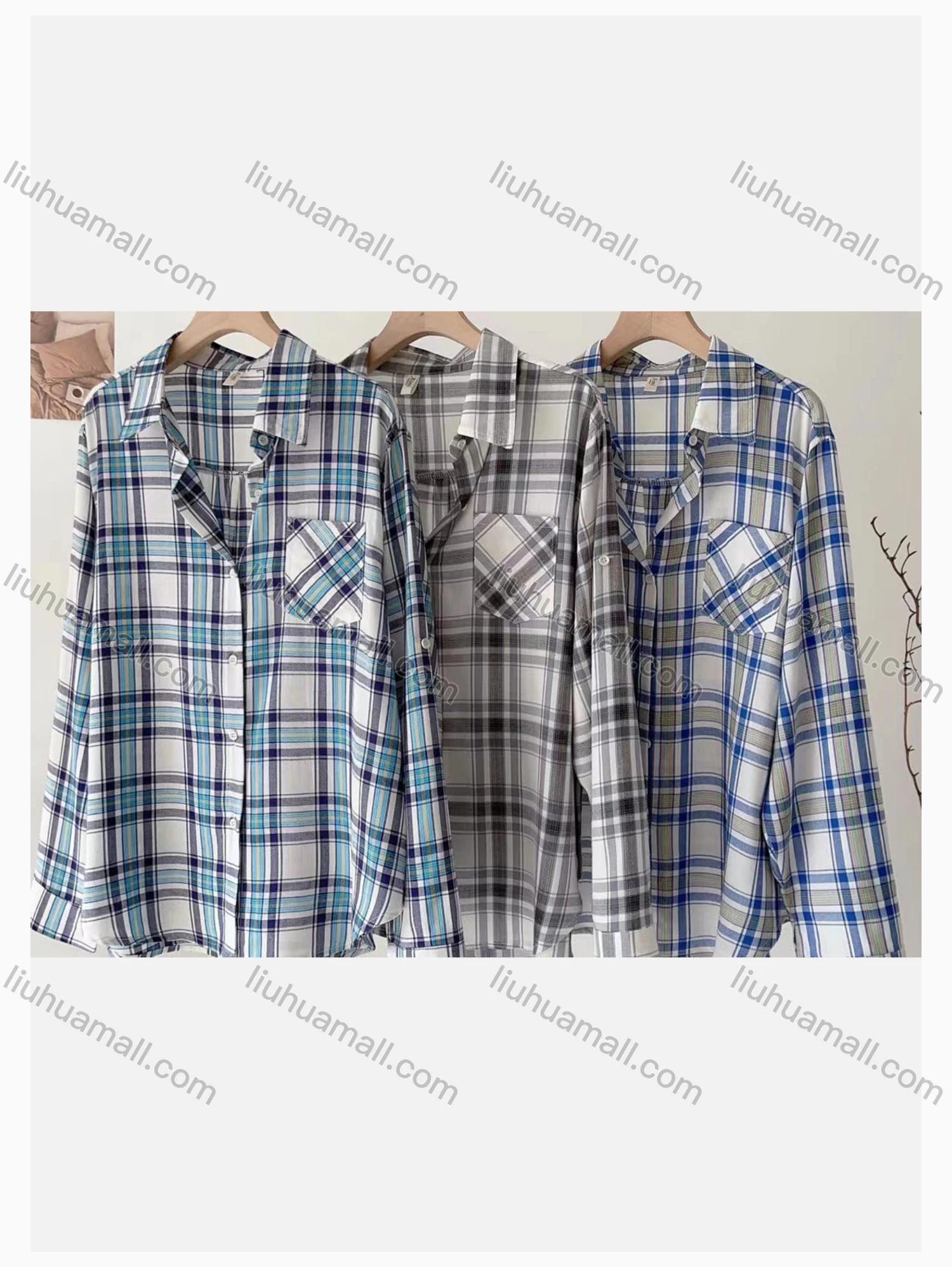 Wholesale Women's Collared Loose Fit Plaid Print Patch Pocket Long Sleeve Shirt 373# - Liuhuamall