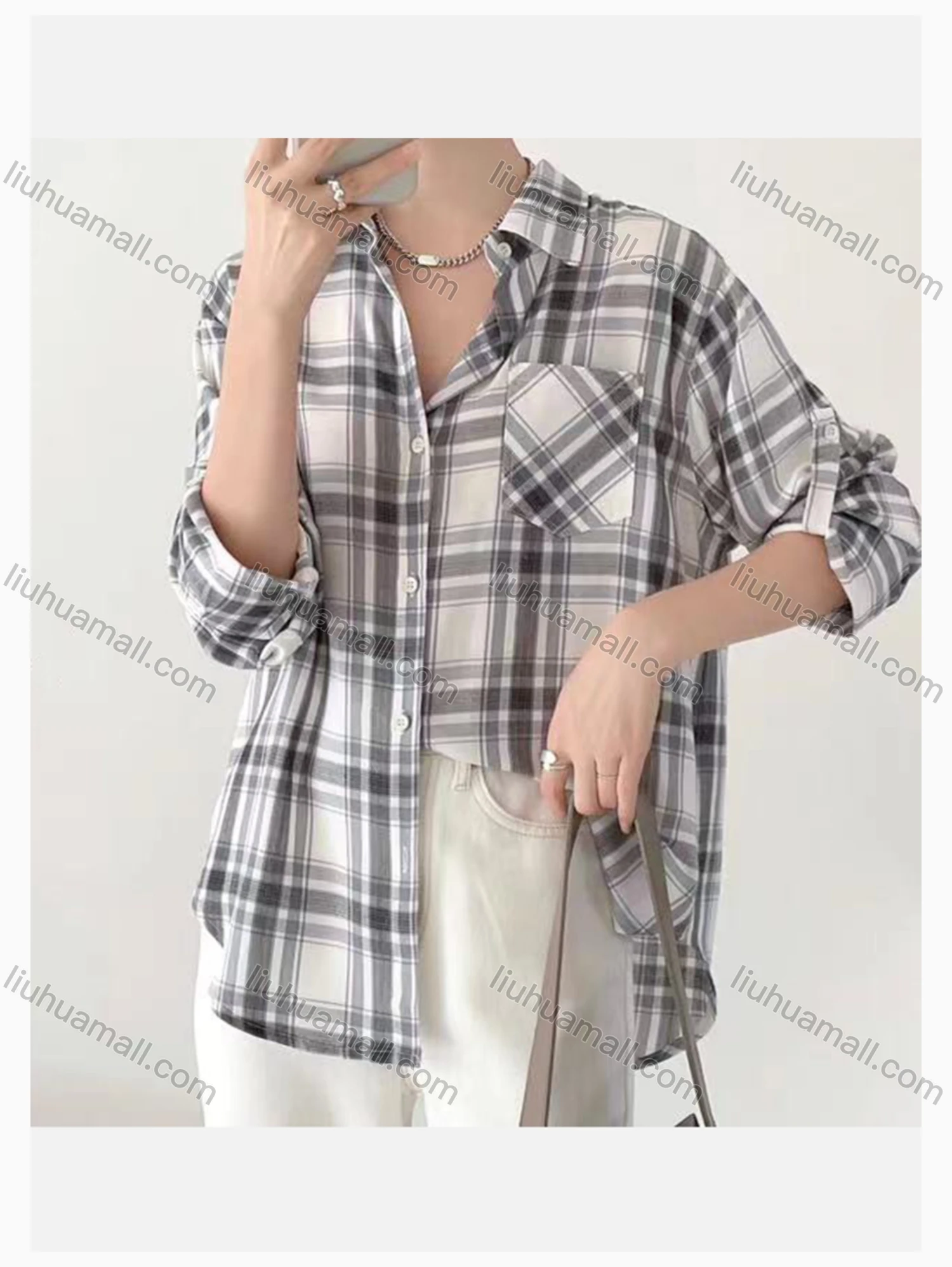 Wholesale Women's Collared Loose Fit Plaid Print Patch Pocket Long Sleeve Shirt 373# - Liuhuamall