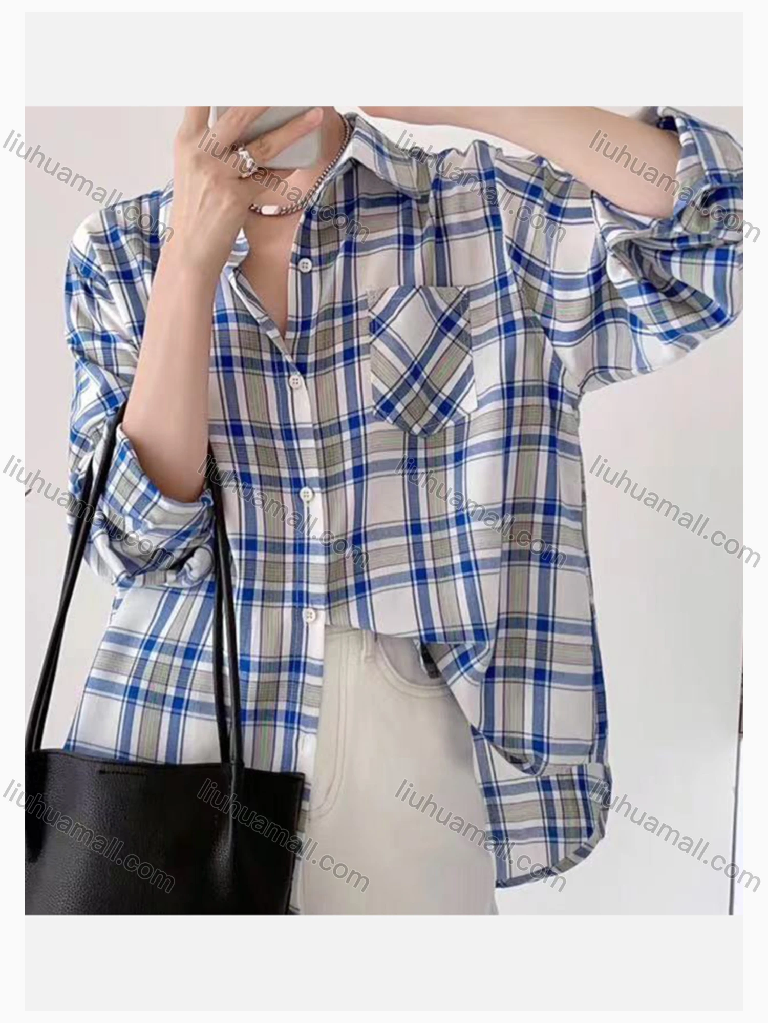 Wholesale Women's Collared Loose Fit Plaid Print Patch Pocket Long Sleeve Shirt 373# - Liuhuamall