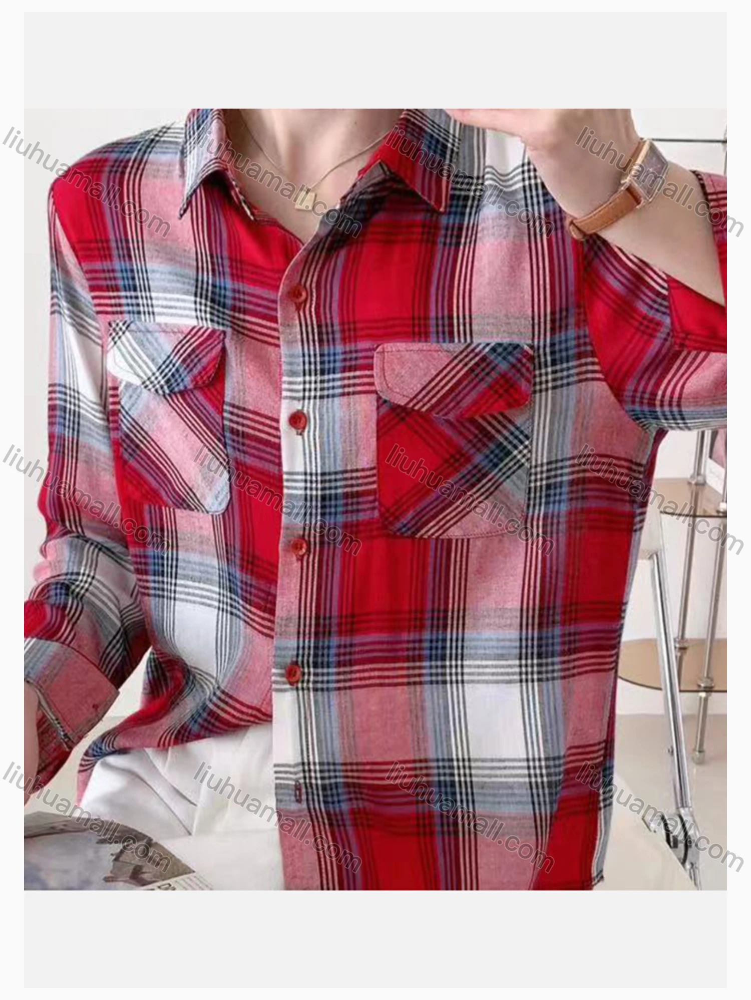 Wholesale Women's Collared Loose Fit Plaid Print Flap Pockets Long Sleeve Shirt 0823# - Liuhuamall