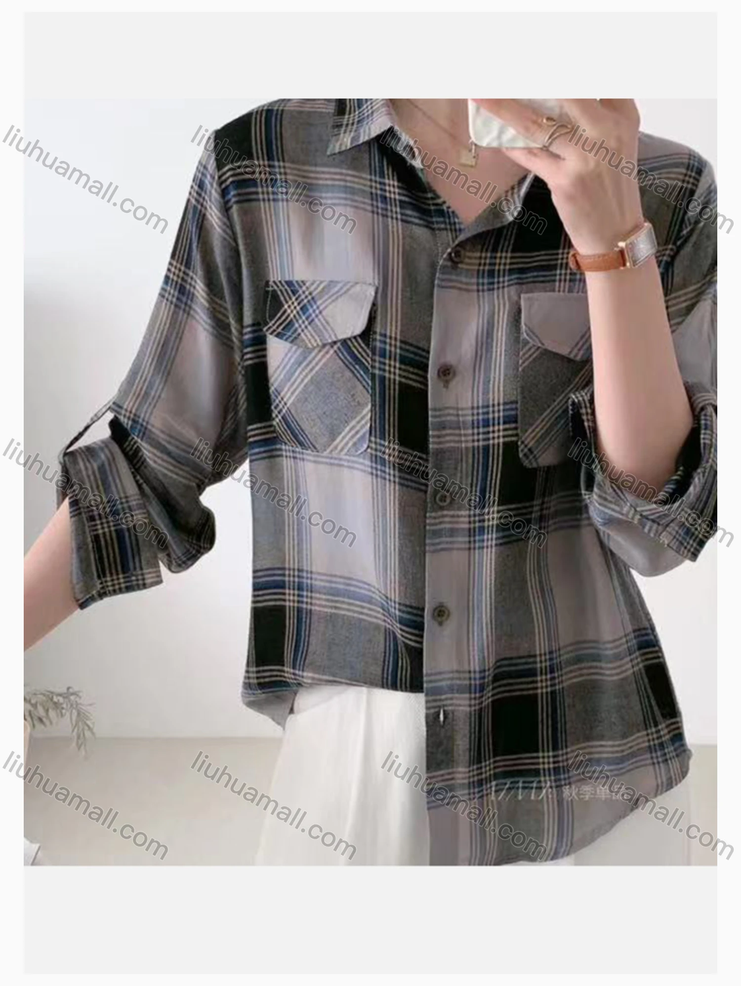 Wholesale Women's Collared Loose Fit Plaid Print Flap Pockets Long Sleeve Shirt 0823# - Liuhuamall