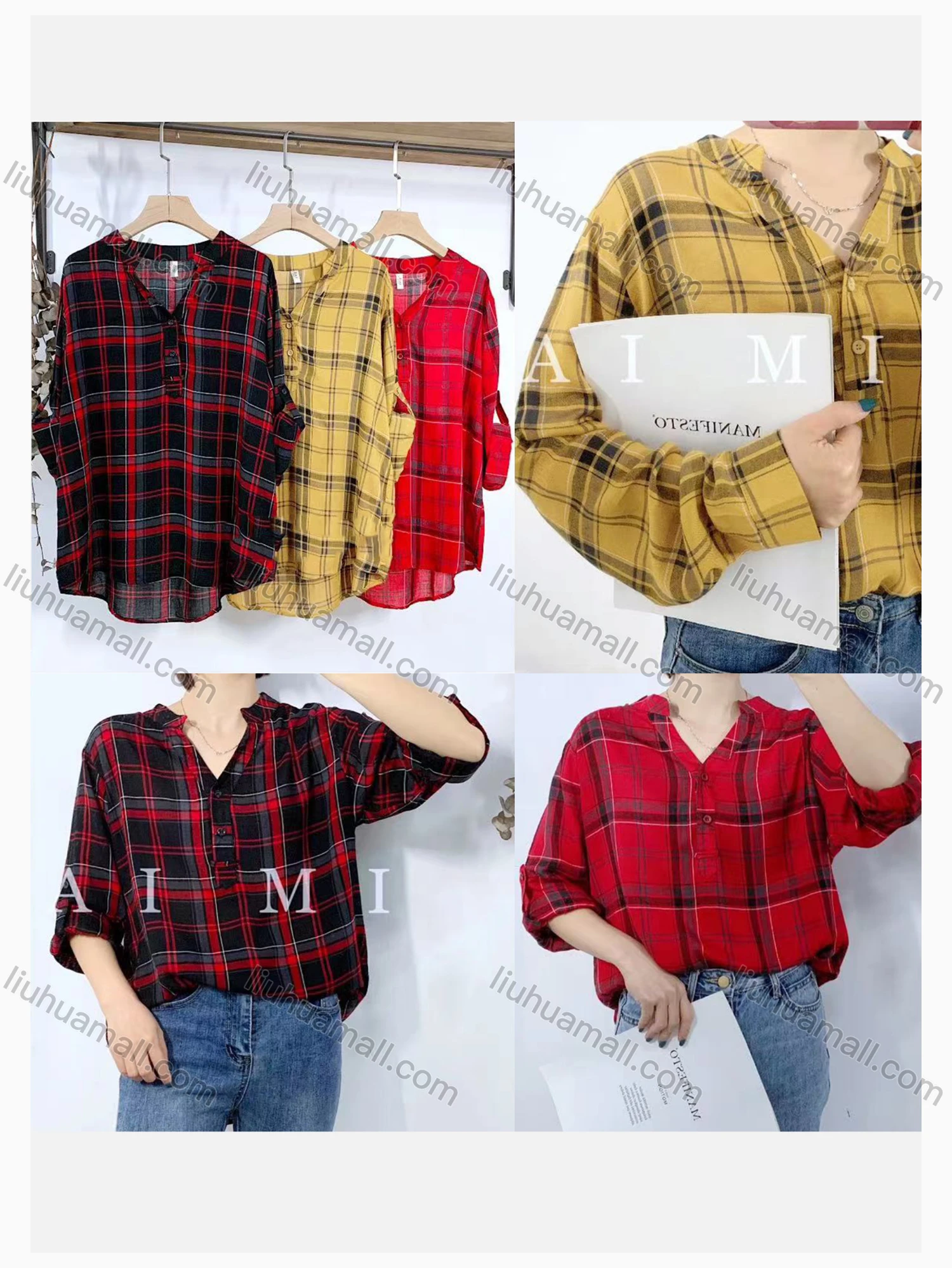Wholesale Women's Notched Collar Quarter Button Long Sleeve Pullover Plaid Print Blouse 1105# - Liuhuamall