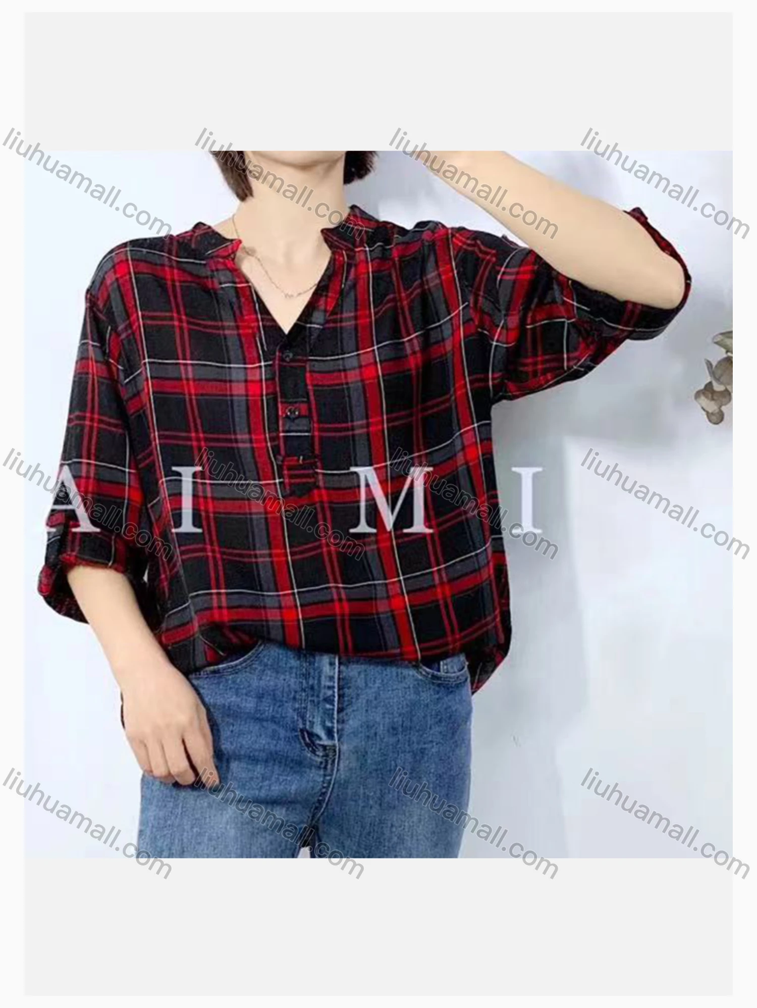 Wholesale Women's Notched Collar Quarter Button Long Sleeve Pullover Plaid Print Blouse 1105# - Liuhuamall