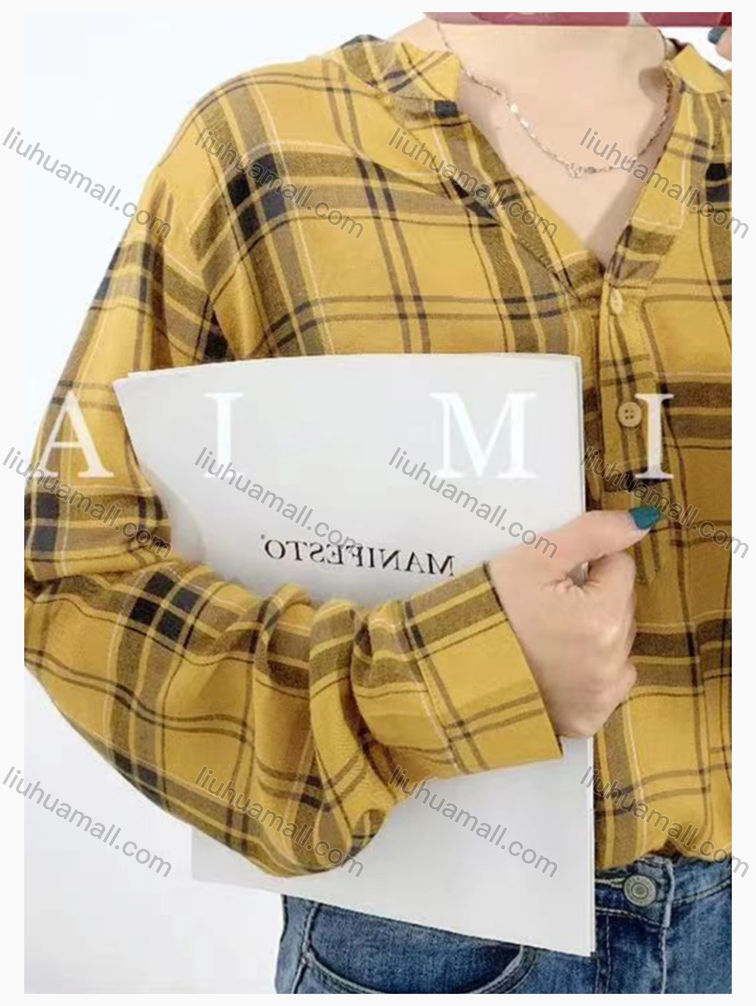 Wholesale Women's Notched Collar Quarter Button Long Sleeve Pullover Plaid Print Blouse 1105# - Liuhuamall