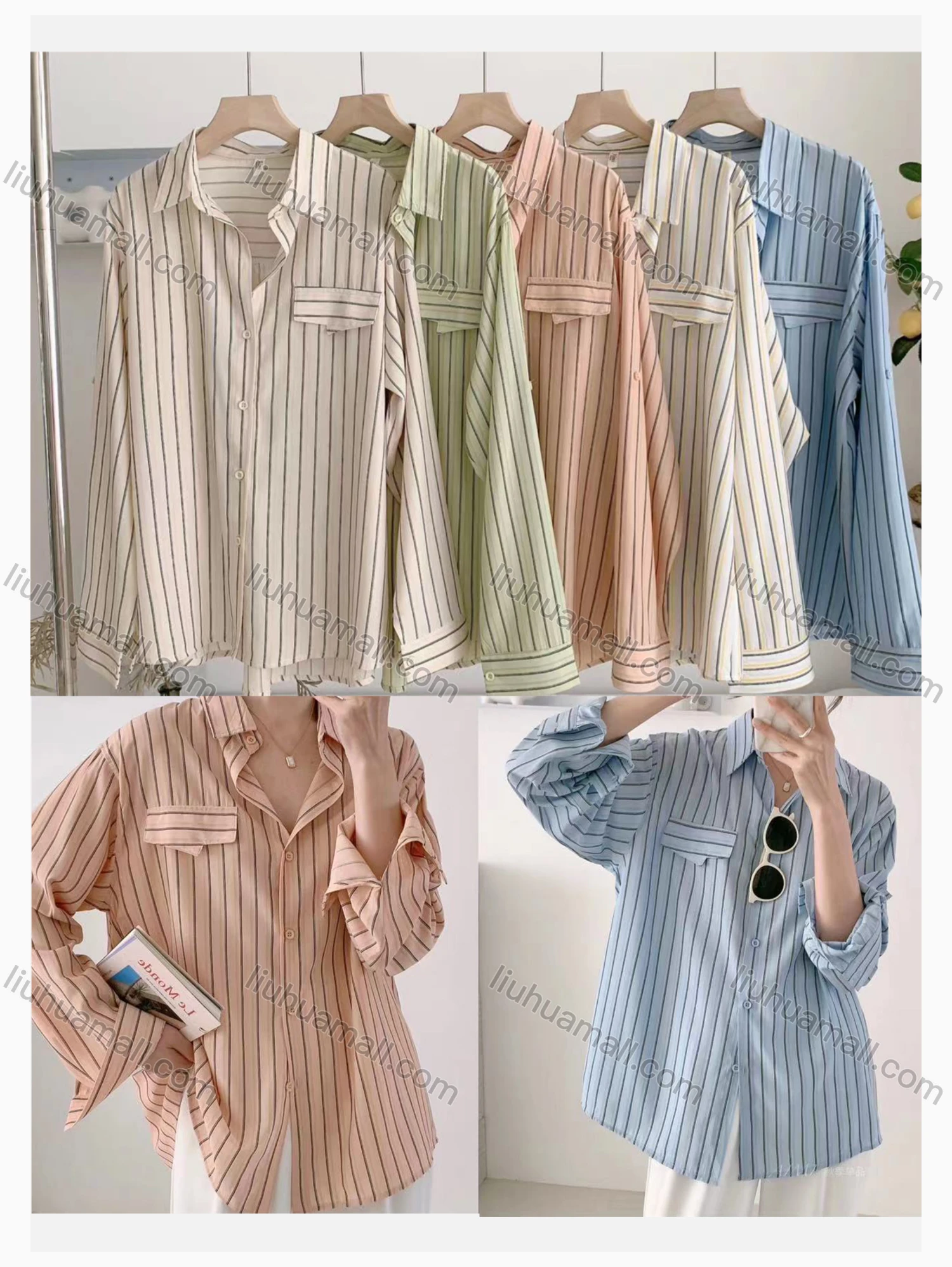 Wholesale Women's Collared Loose Fit Striped Print Fake Pockets Long Sleeve Shirt 1568# - Liuhuamall