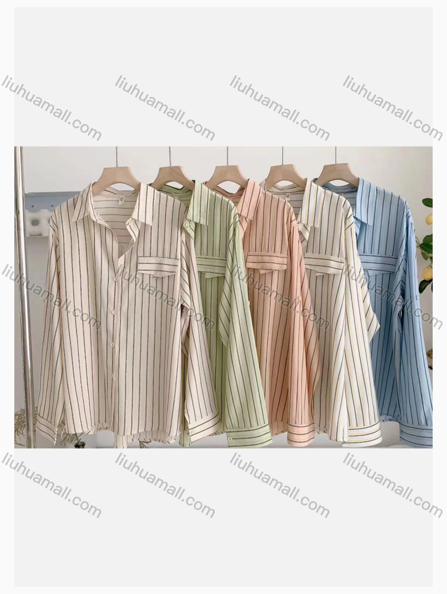 Wholesale Women's Collared Loose Fit Striped Print Fake Pockets Long Sleeve Shirt 1568# - Liuhuamall