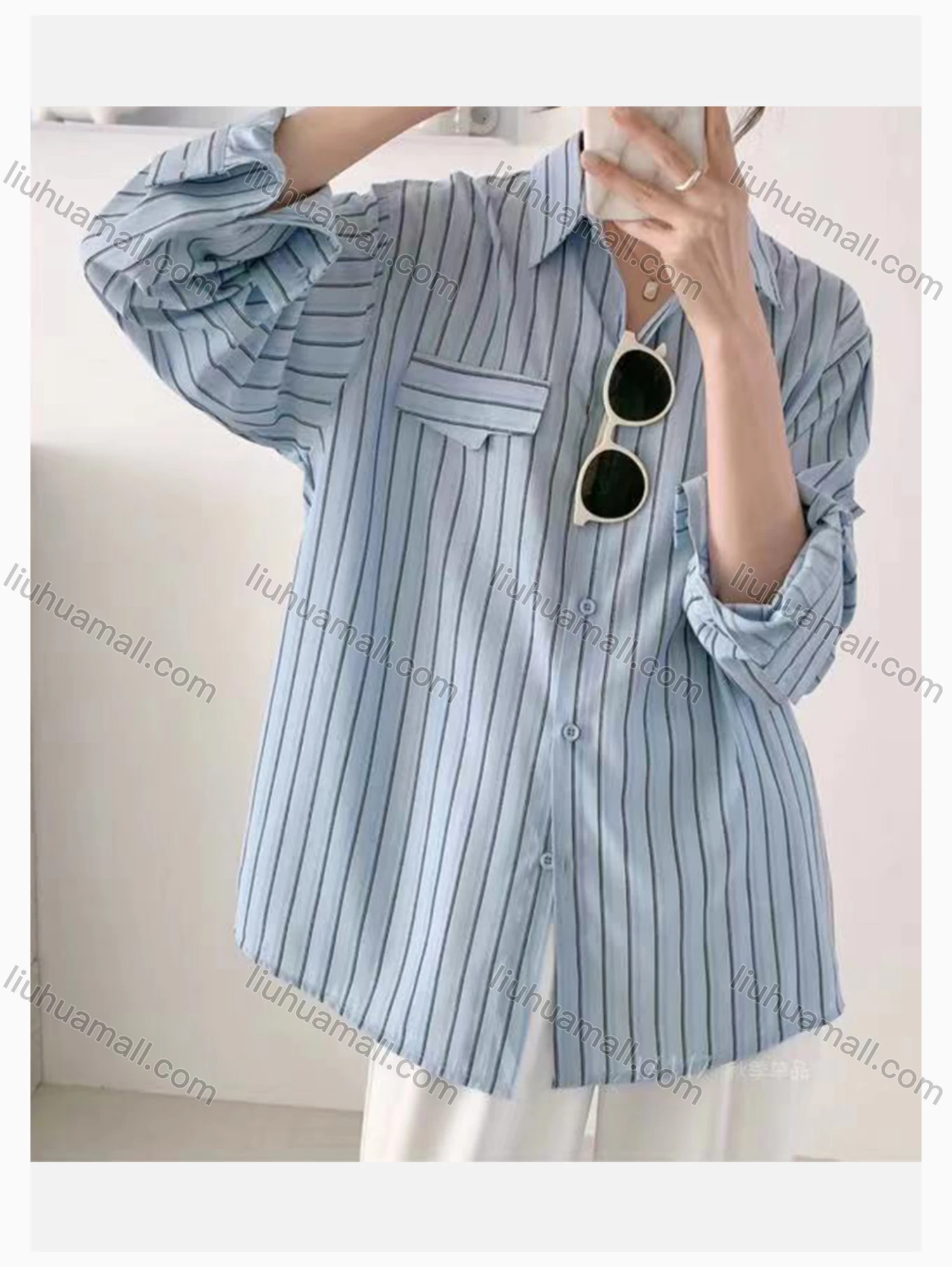 Wholesale Women's Collared Loose Fit Striped Print Fake Pockets Long Sleeve Shirt 1568# - Liuhuamall